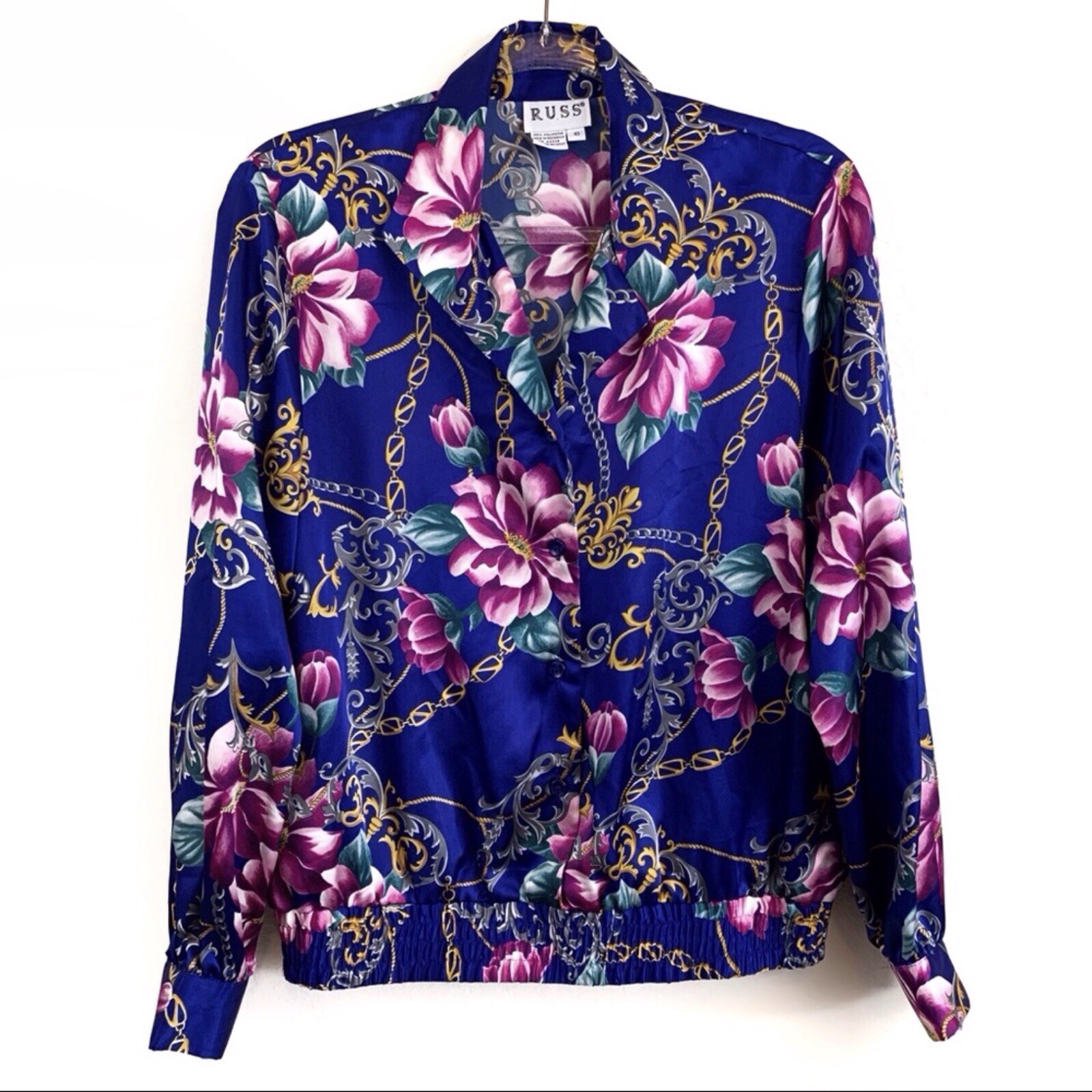 Vintage Womens Russ Size 10 Floral Ornate Baroque Satin Button Up Blouse Top