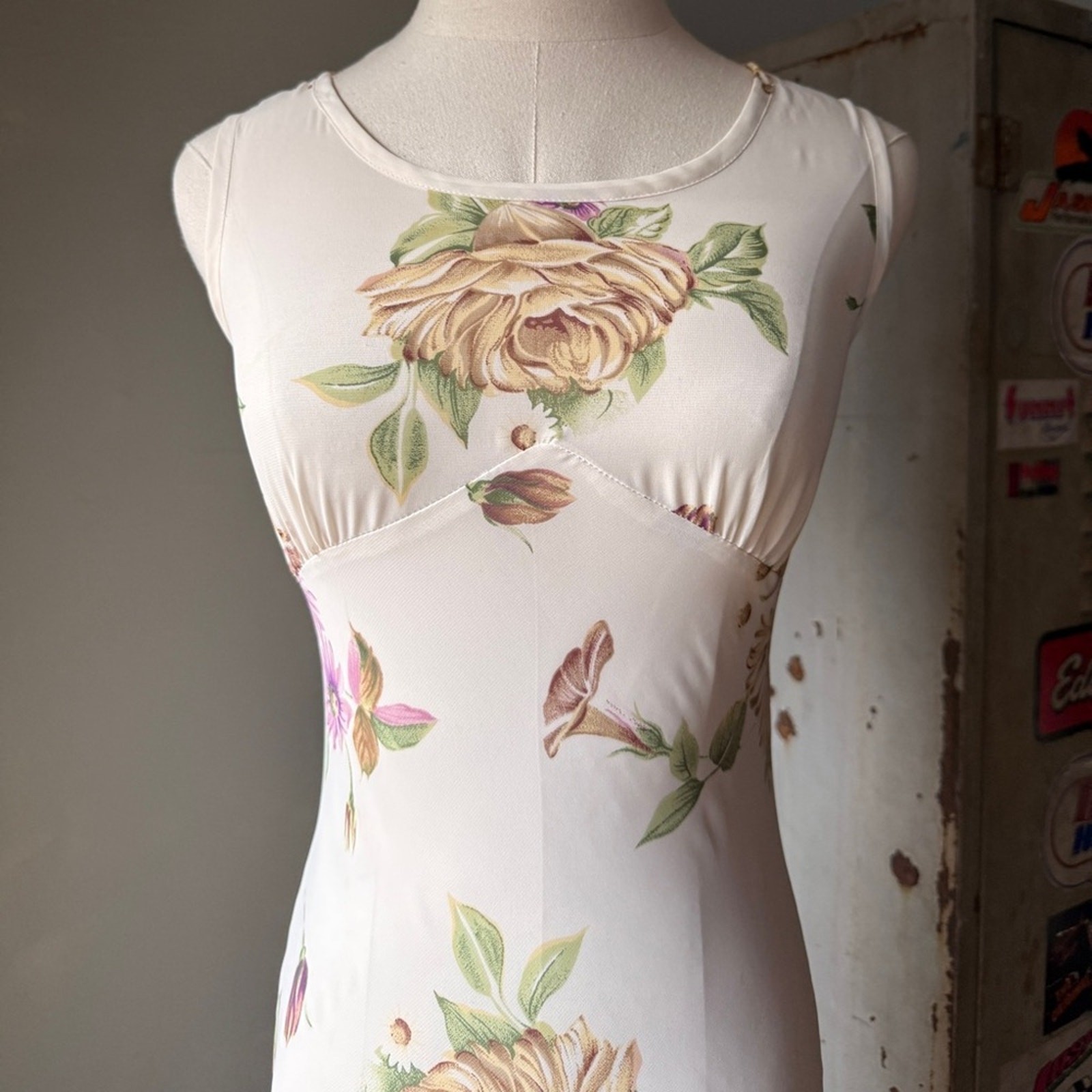 Vintage 90s Floral Slip Maxi Dress | Bias Cut Cream Rose Print Cottagecore | XS