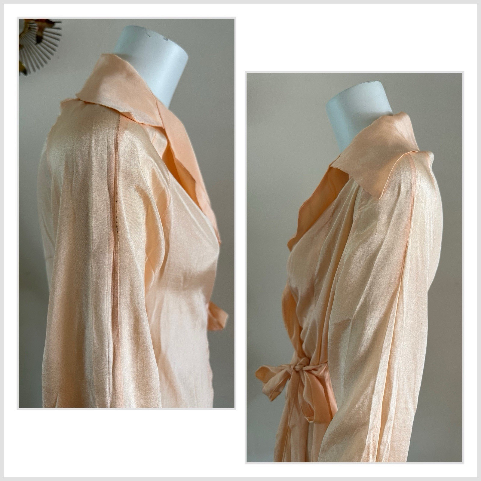 1930s 40s Peach Rayon Satin Robe Art Deco Wrap Boudoir Dressing Gown S Vintage
