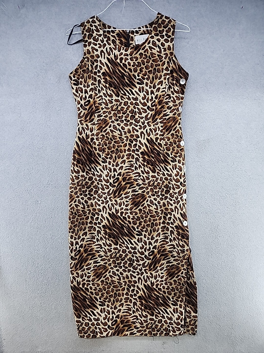 90s Miss Dorby Leopard Print Dress Midi Maxi VTG Size 10 Brown Yellow Back Zip