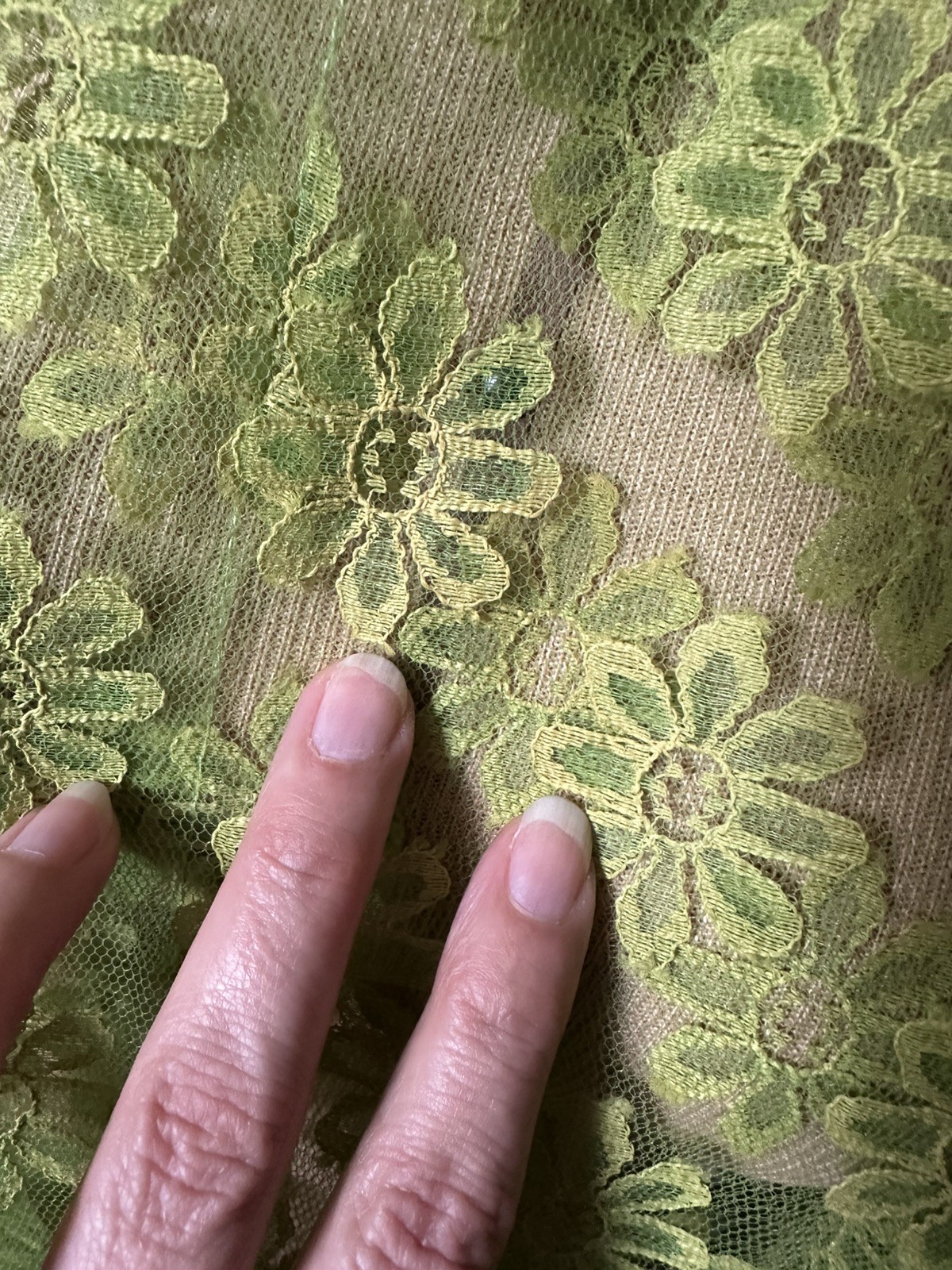 60’s MCM Avocado Green & Yellow Daisy Lace Dress