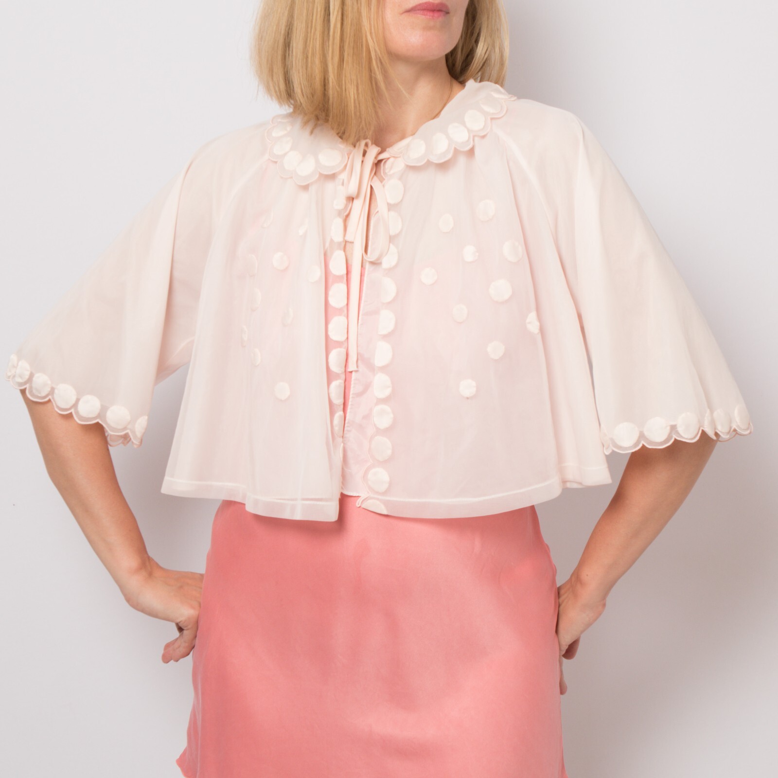 Sheer Bed Jacket Nylon Vintage Pink Double Layer S/M Size by Hattie Carnegie