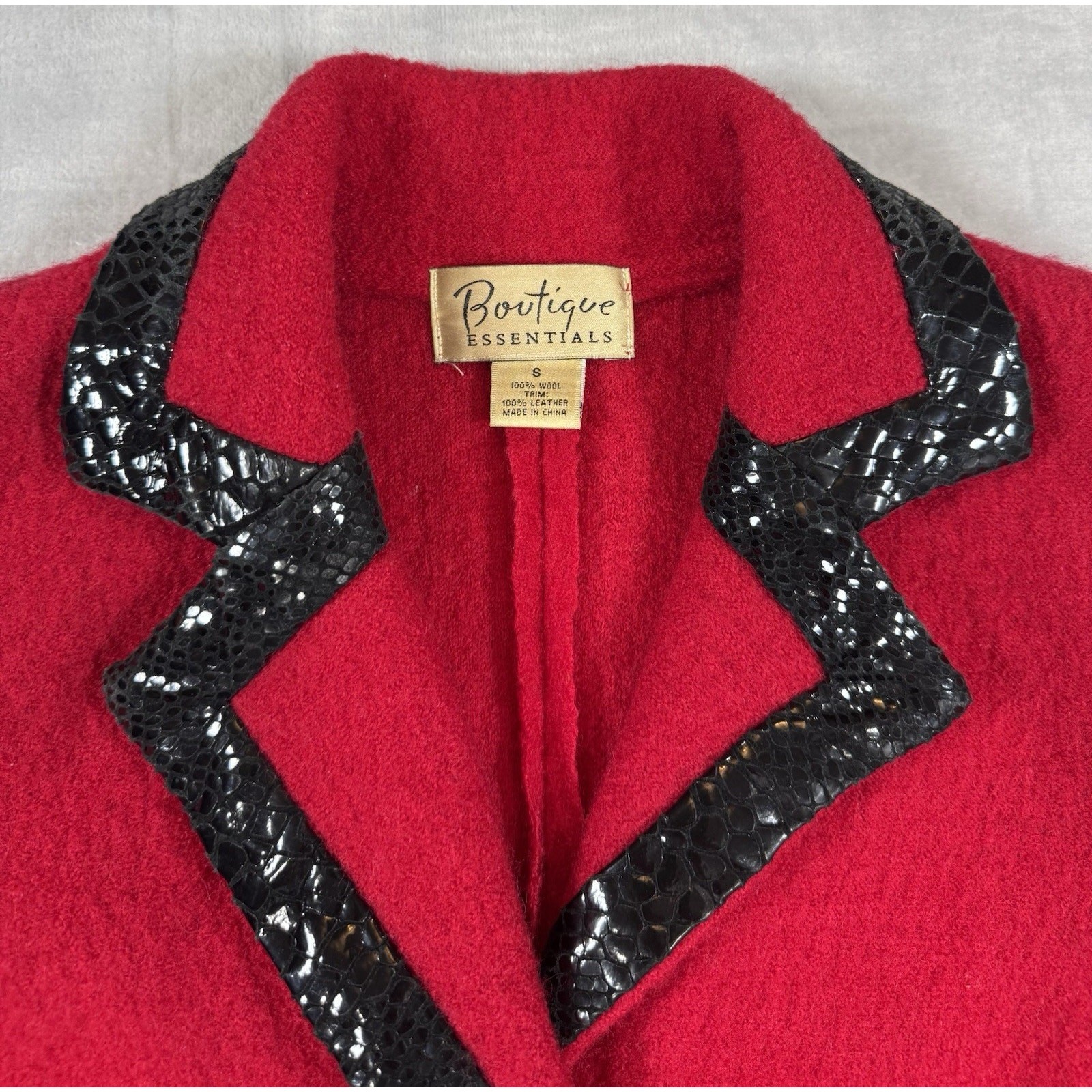 Vintage 1980s Red Wool Jacket Black Leather Trim Boutique Essentials Small