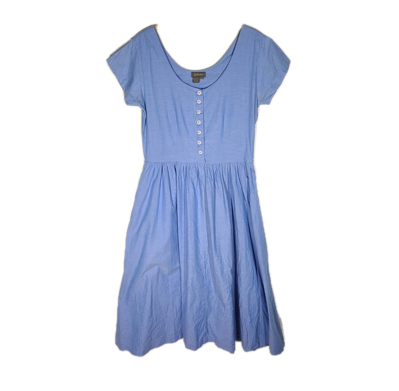 Vtg 1990s Cotton Sun Dress US12 Large French Style Light Blue Full Skirt Epitome