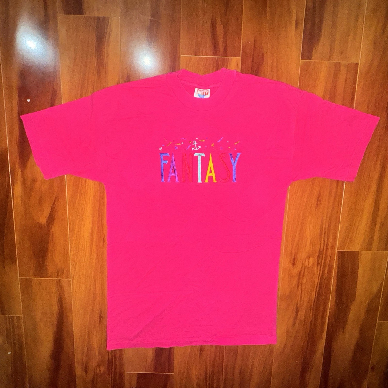 Vintage Fantasy Embroidered T Shirt Hefty Blue Tag Jamaica Medium Pink
