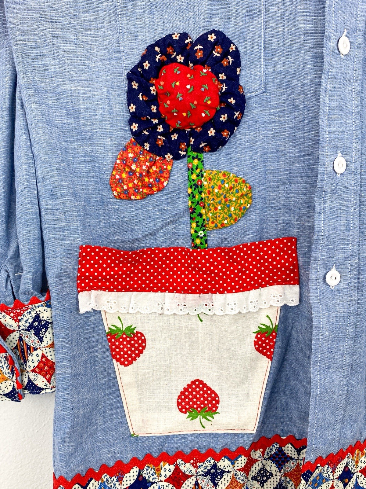 VTG 70s Chambray Patchwork Shirt Calico Flower Strawberry Applique RickRack L