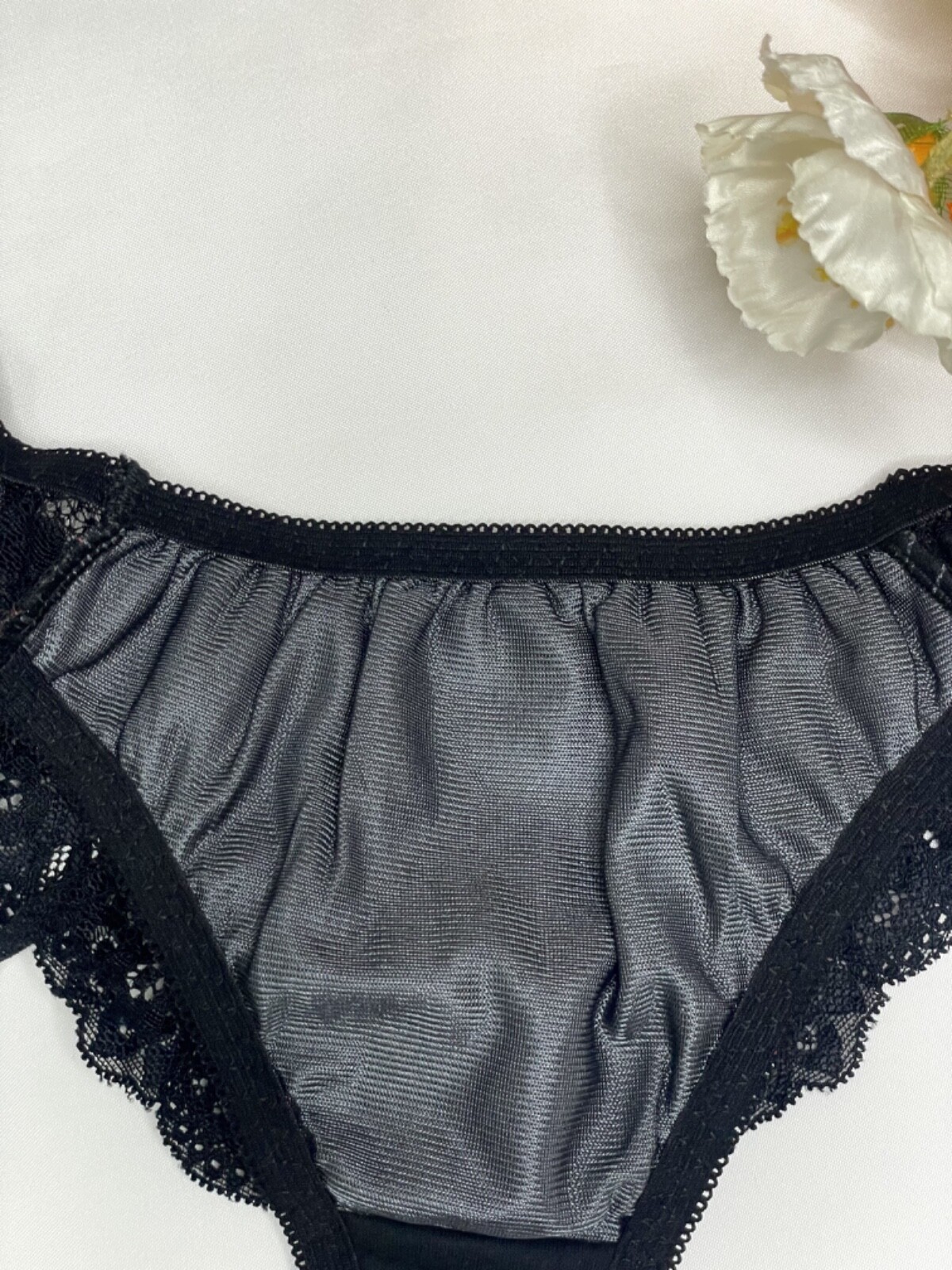 Vtg Deep Black Polyester Spandex String Panty Sz.5~6 Sheer Floral Lace Briefs
