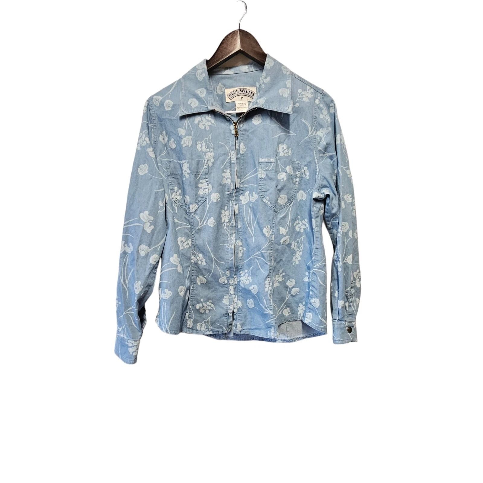 Vintage BLUE WILLI&rsquo;S Denmark Full Zip Chambray Denim Floral Jacket Blue MEDIUM