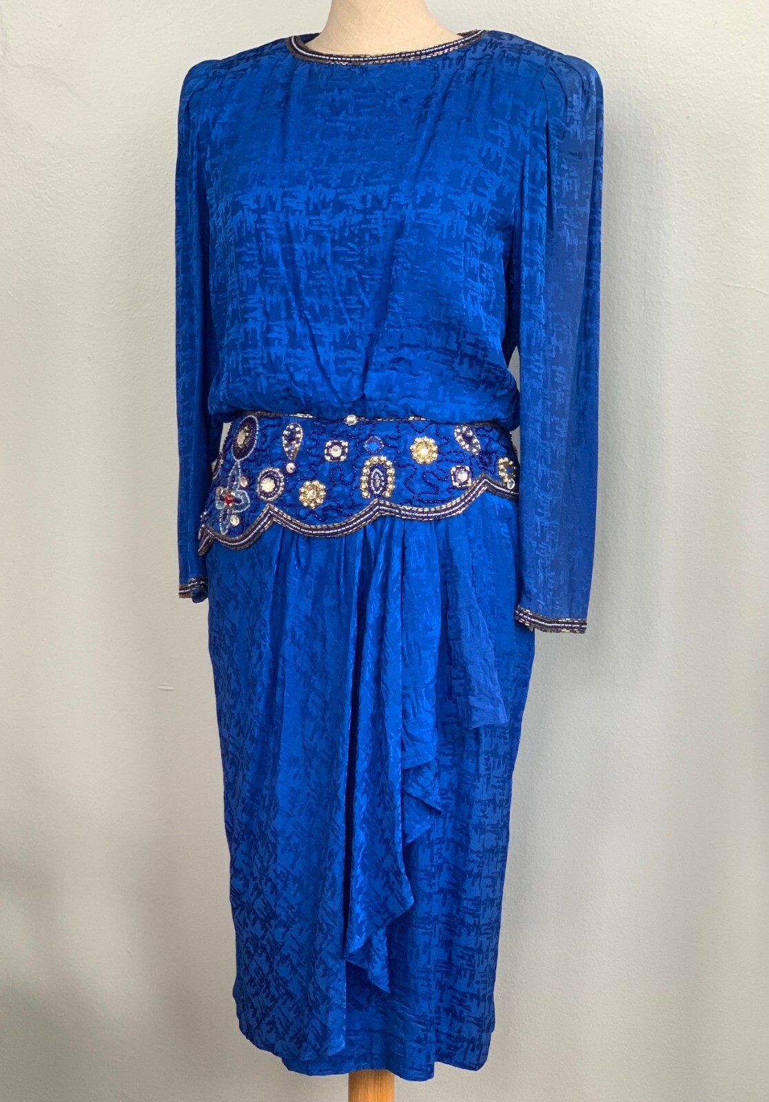 Vintage 80s Silk blue dress D&rsquo;Ore with beautiful beading, glam
