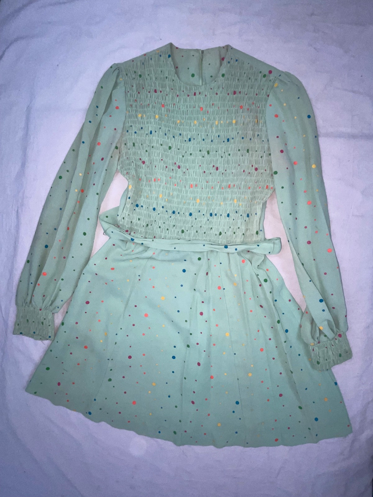 VTG 60s 70s WOMENS S GREEN POLKA DOT DISCO RETRO CUTE FUN PARTY DRESS