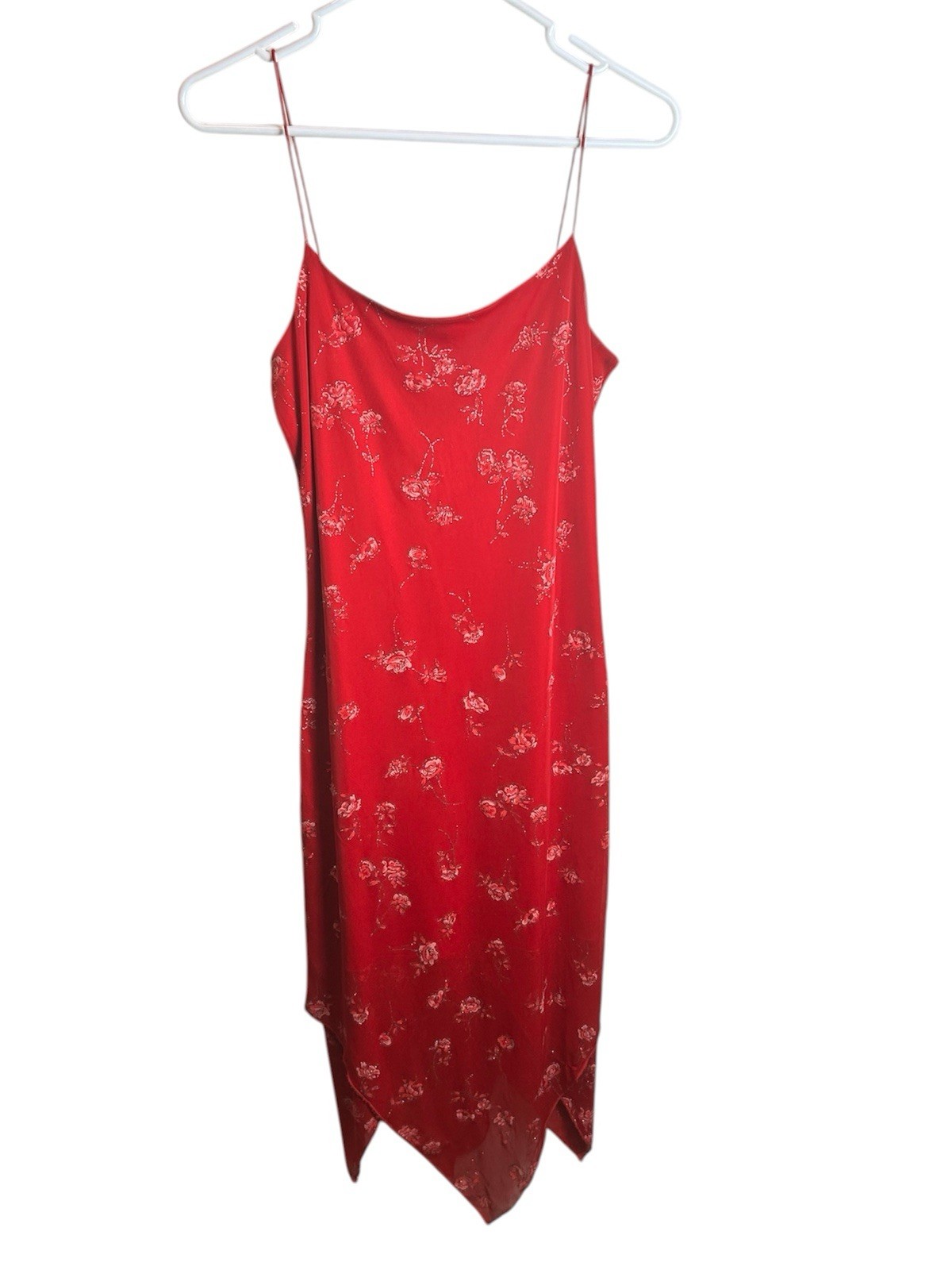Vintage 90s Red Rose Slip Dress Byer Too Handkerchief Hem Y2K Floral Size M