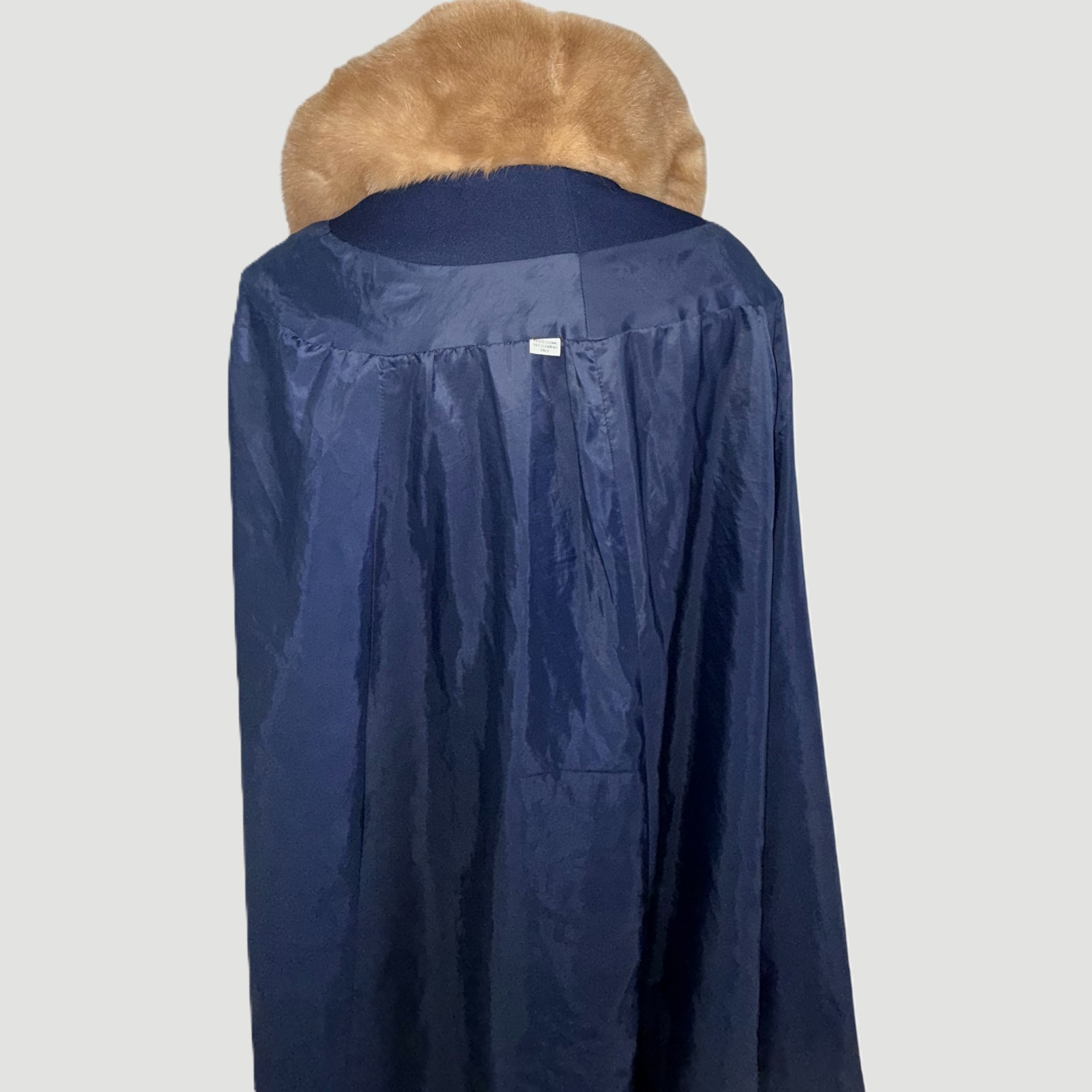 Vintage 1950s Opera Cape Cloak Navy Wool Fur Collar Swing Coat Satin Lined