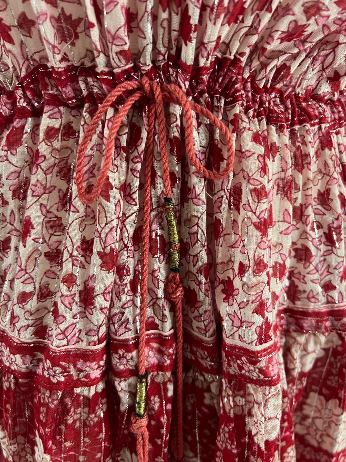 Vintage OH CALCUTTA India Cotton Gauze Hippie Dress Sz M~Red w Silver Thread