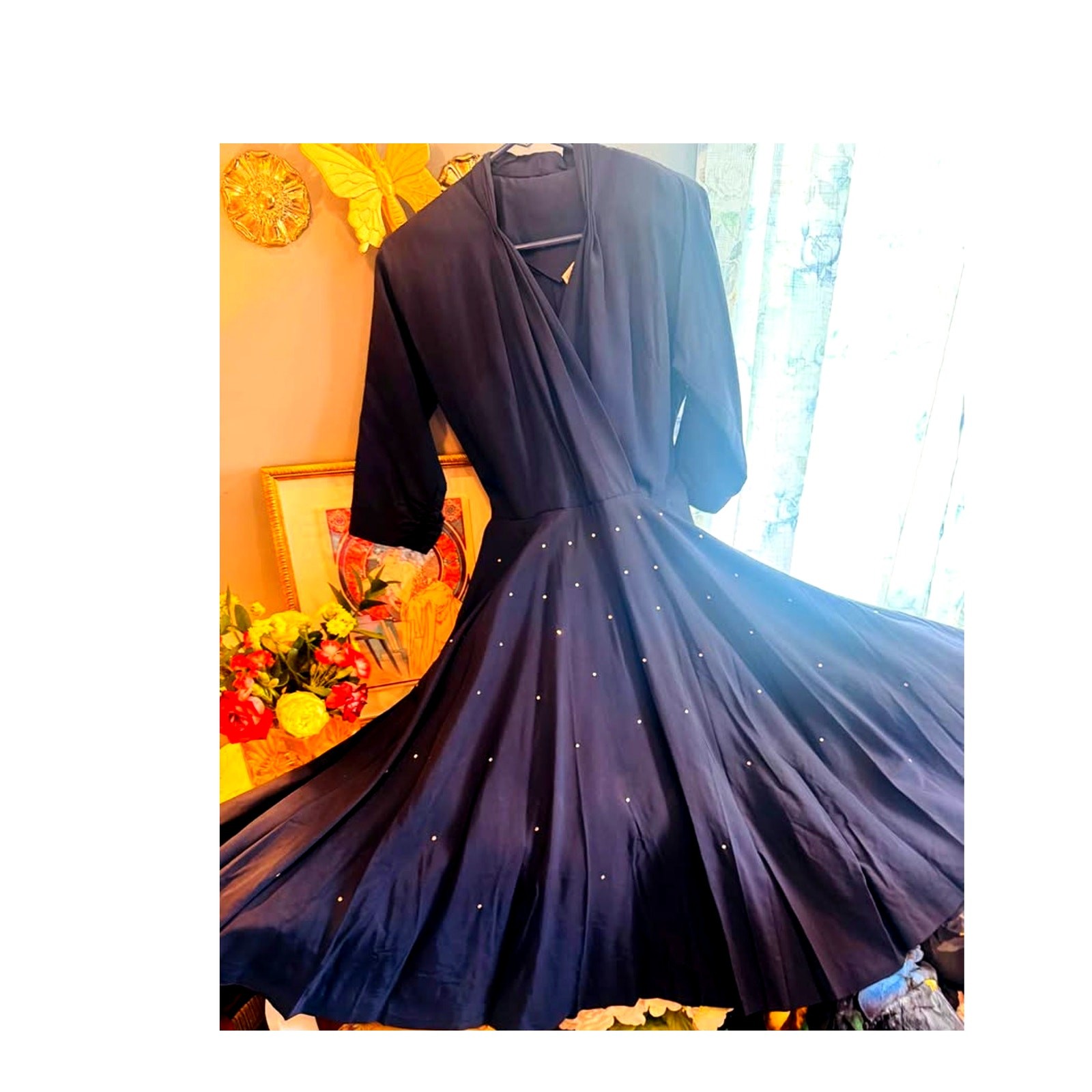 ✨ Vintage Town & Country Club Dresses 1950s Navy Rhinestone Full Sweep Dress ✨