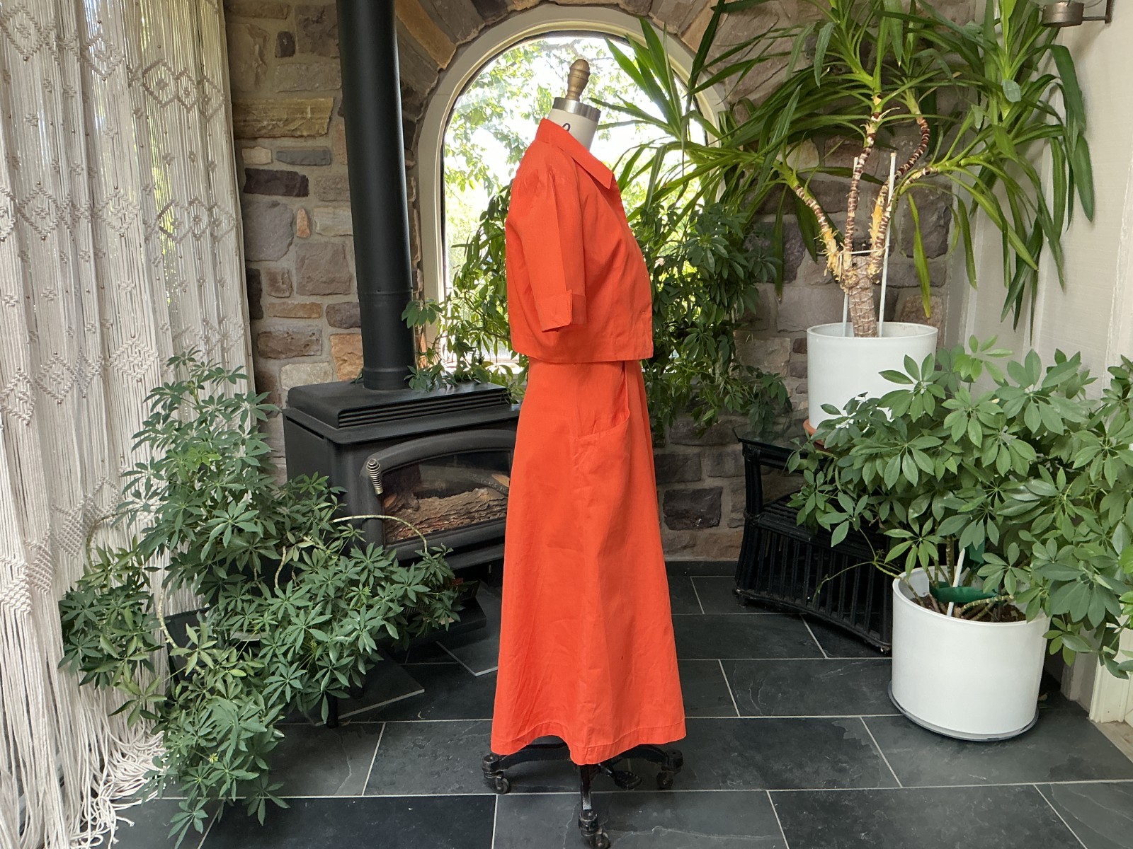 Vintage 1950s Orange Cotton Strapless Dress Matching Waist Jacket Wounded Bird