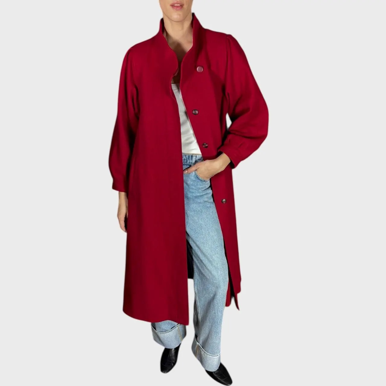 Vintage Red Wool Coat Belted Waist Elegant Longline Overcoat size US10; EU40
