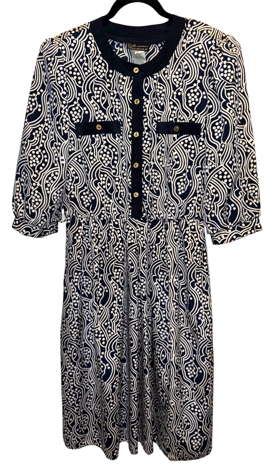 Vintage Breli Originals Dress Blue White Geometric Shoulder Pads Gold Button 14