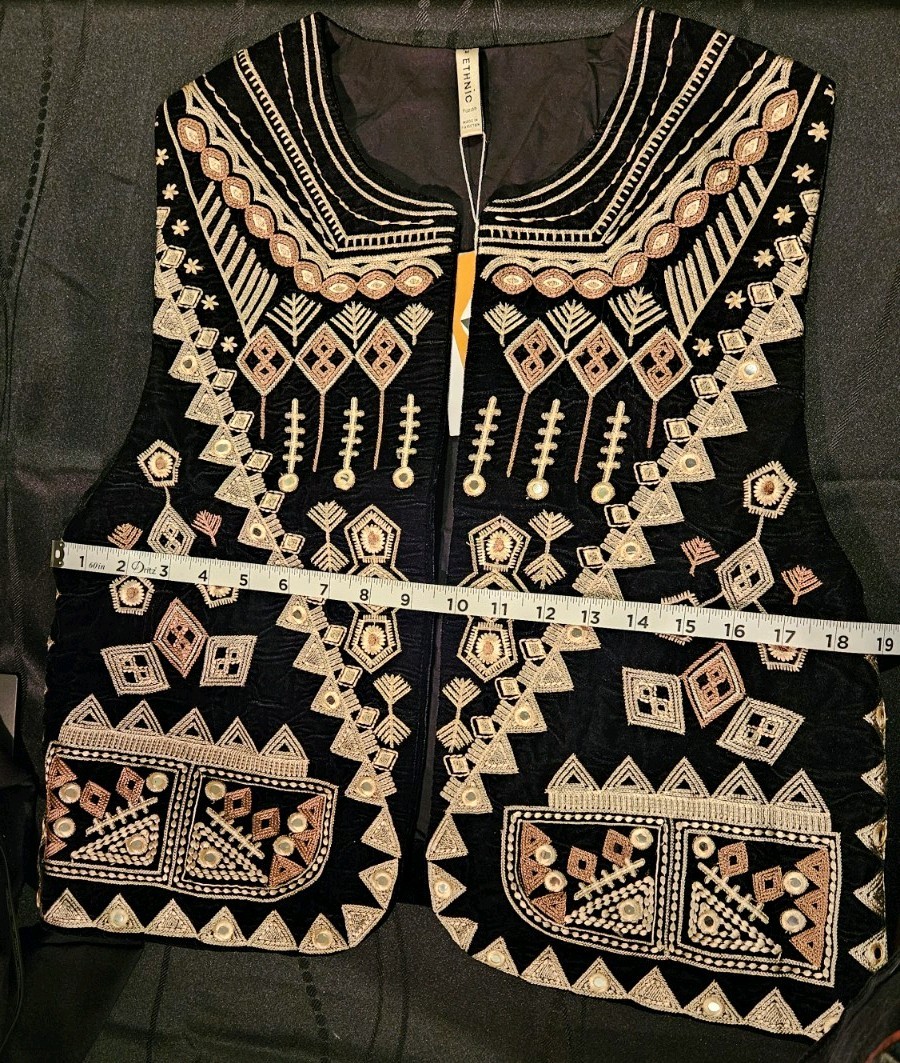 Black Velvet Mirror Work Embroidered Ethnic Vest Waistcoat New With Tags Boho