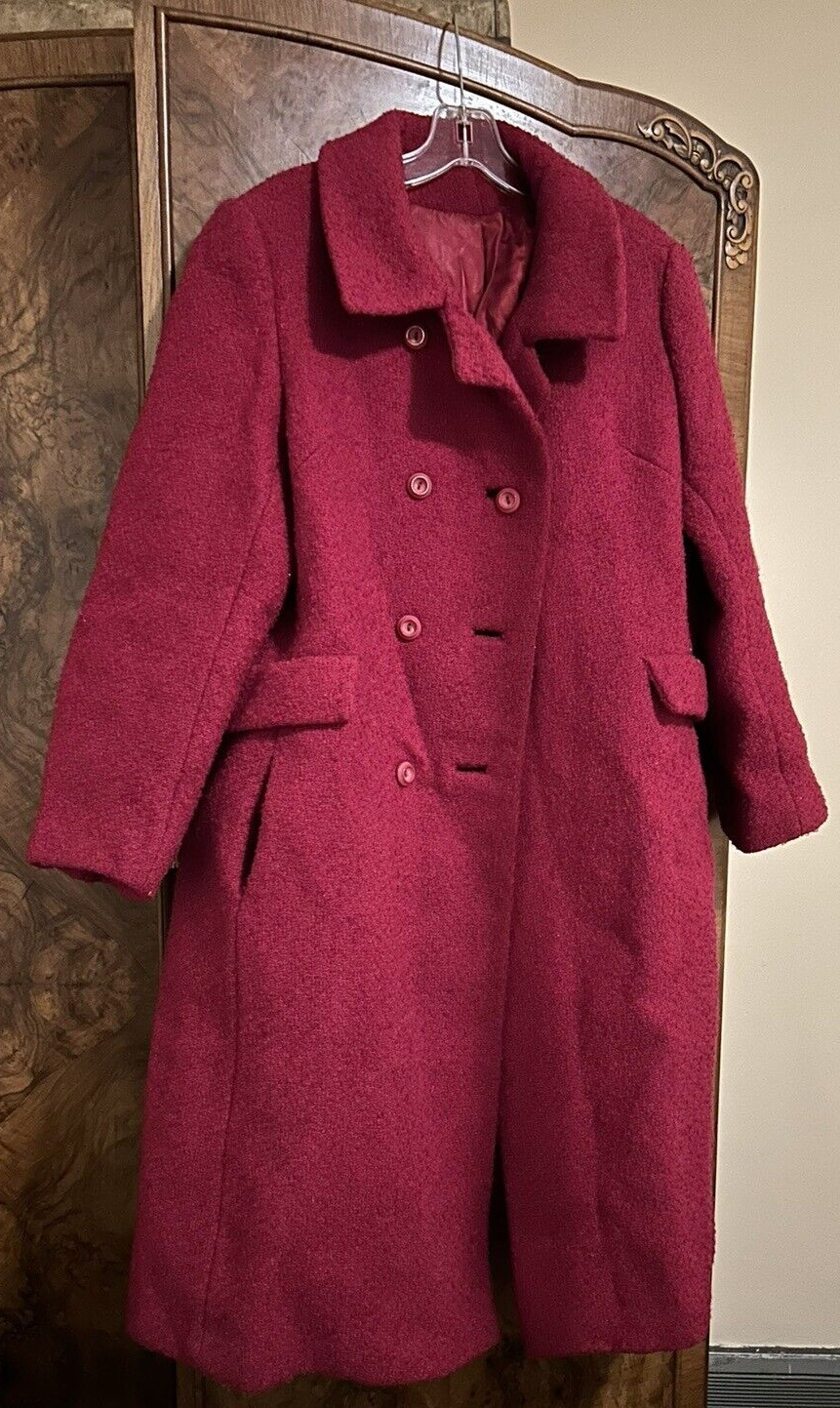 Vintage 1960&rsquo;s Red Boucle Coat Long Med/Lg Valentine&rsquo;s ILGWU label Made in USA