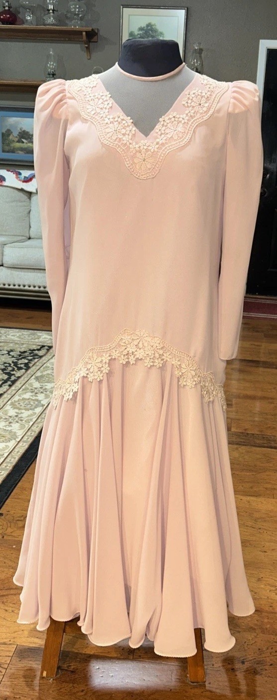 Vintage Sylvia Ann ILGWU Pink Chiffon Drop Waist Party MOB Dress Medium READ