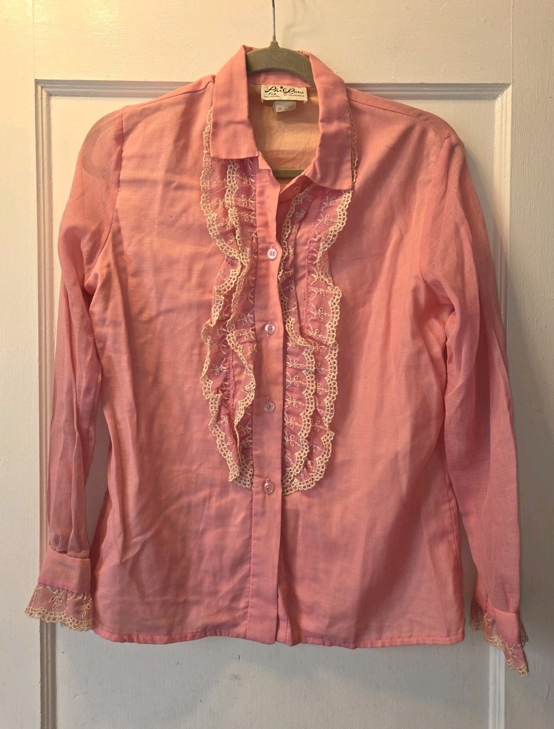Vintage 70&rsquo;s Phil Rose Pink And Lace Western Blouse. 13/14
