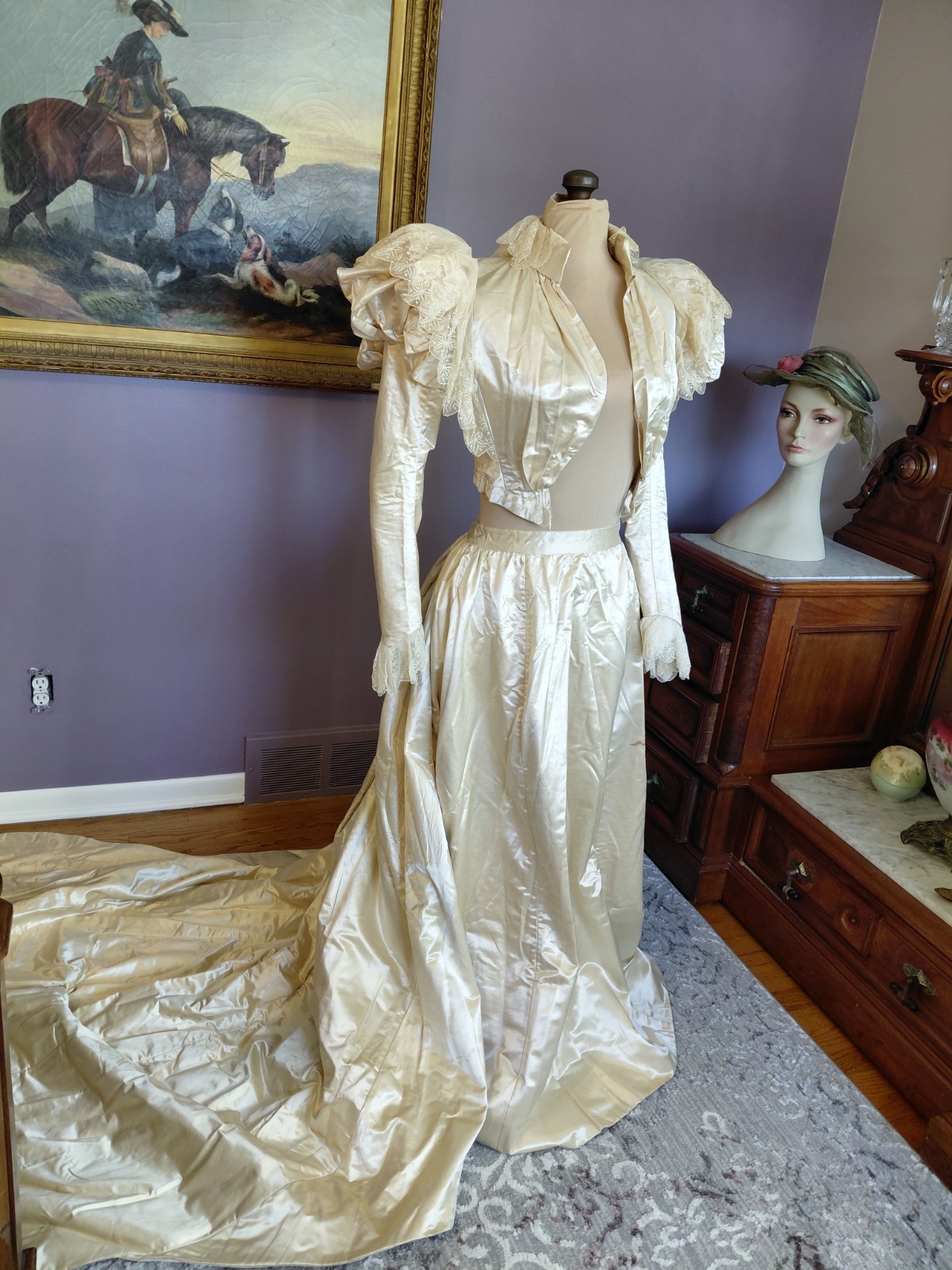 Antique 1890&rsquo;s Satin & Tambour Lace Dress Wedding Ball Gown Leg O Mutton Sleeves