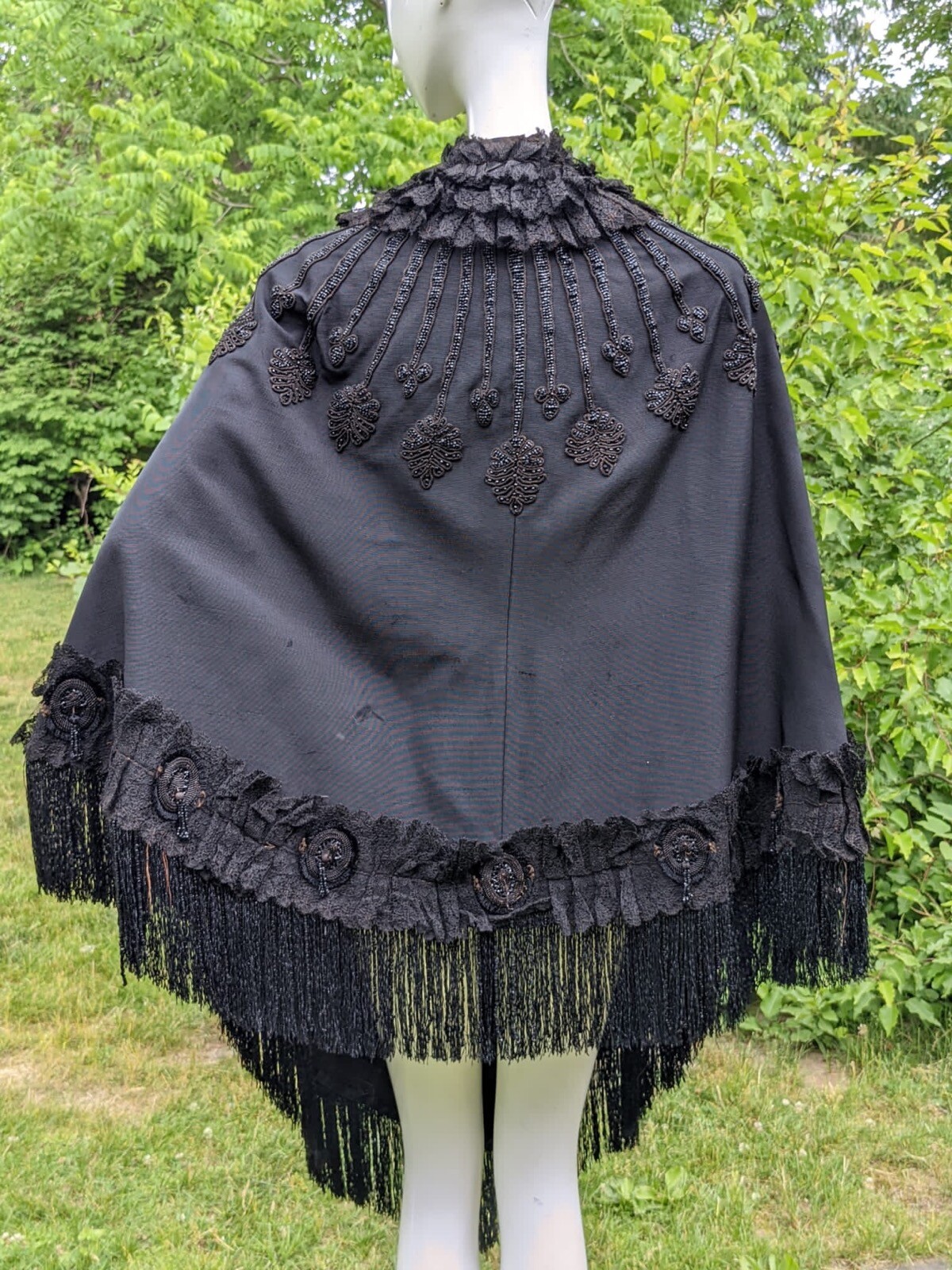 VICTORIAN 1870’S BLACK SILK FAILLE BUSTLE CAPE W BEADS SOUTACHE & LACE