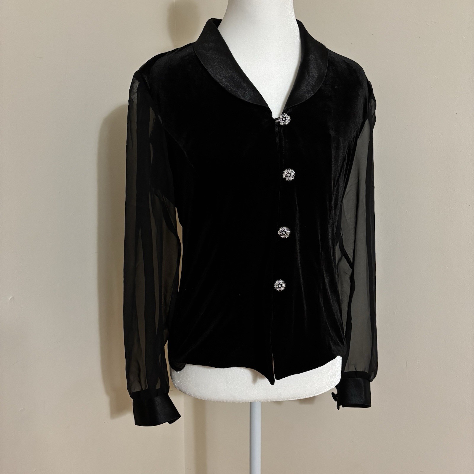 Another Thyme Women&rsquo;s Black Vintage Velvet Sheer Sleeve Satiny Blouse Goth