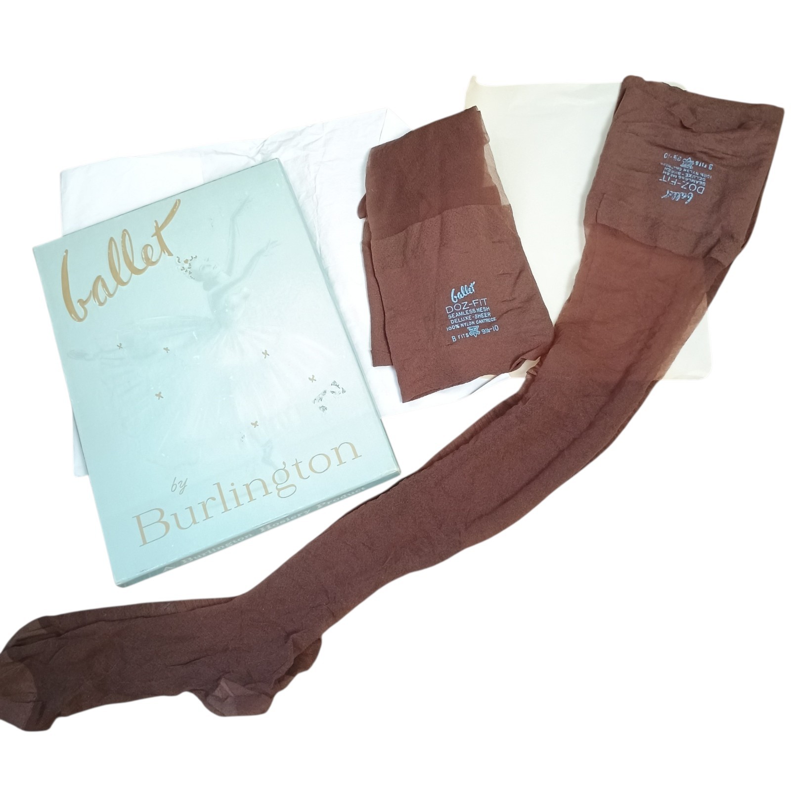Vintage 1950&rsquo;s 2 Pairs Ballet By Burlington Brown Nylon Stocking in Box 9 1/2-10