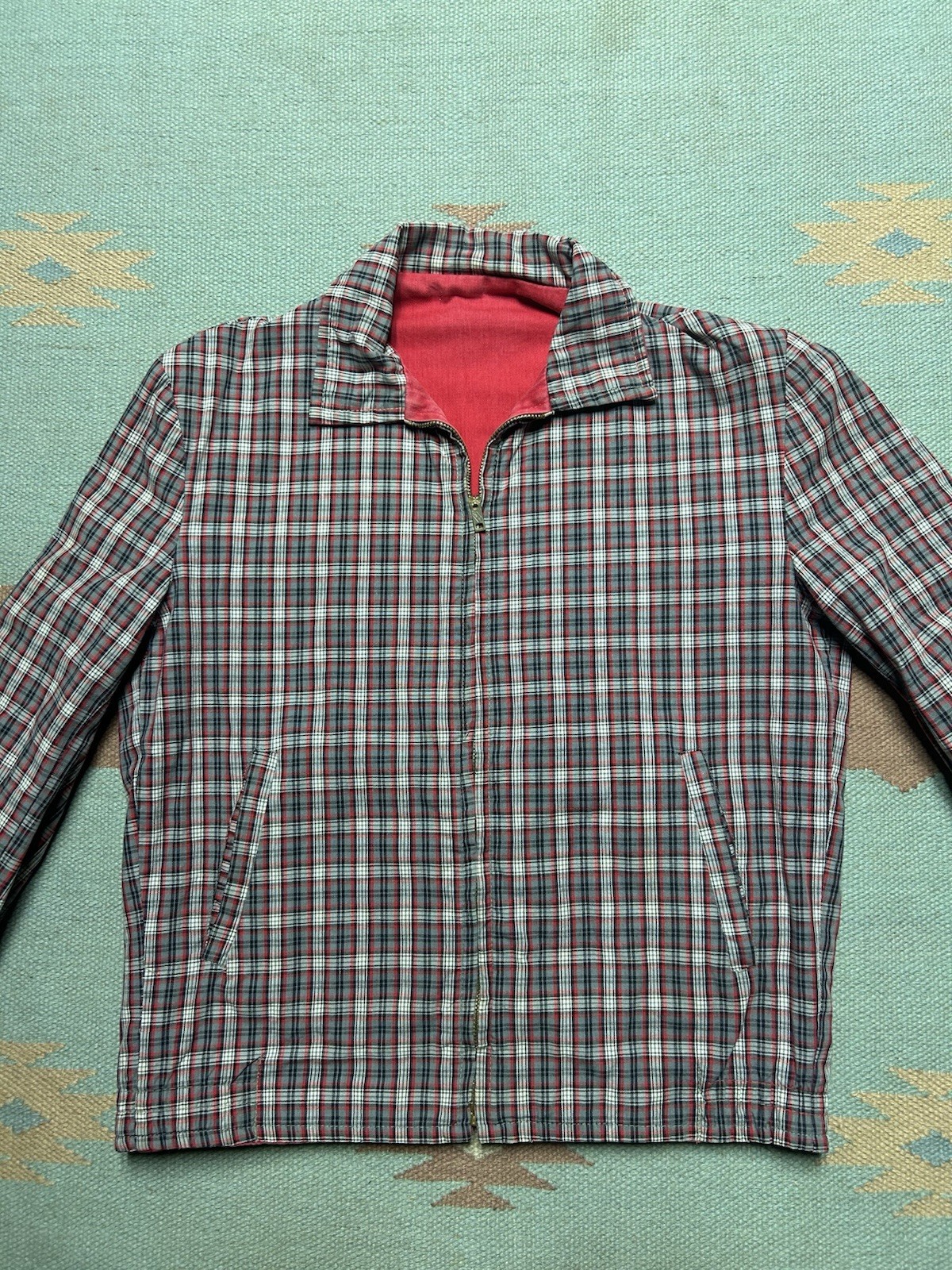 Vintage 50s reversible Ricky jacket plaid red black cotton gabardine women’s L