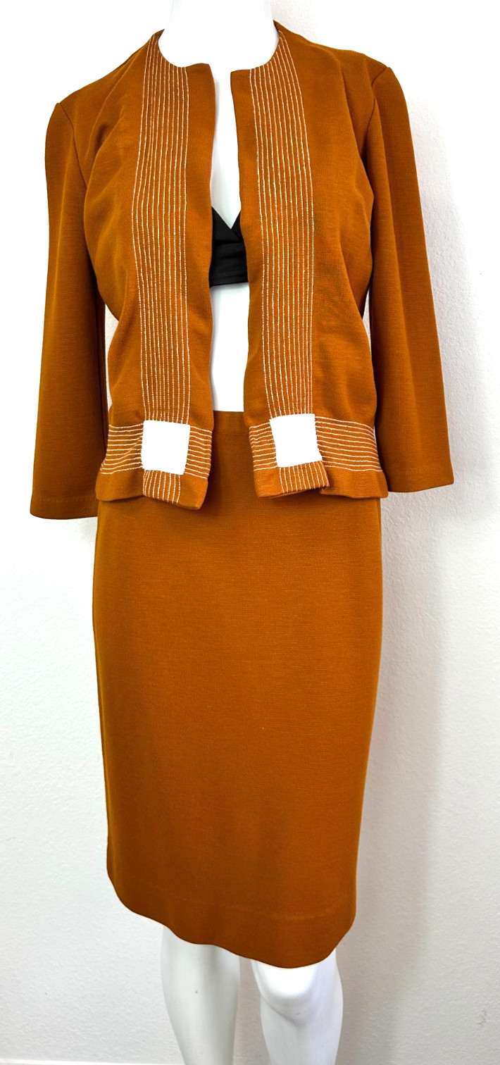 70s Cintura Knit Skirt Suit Size Small Nutmeg Jacket Open Front Top Stitch EUC