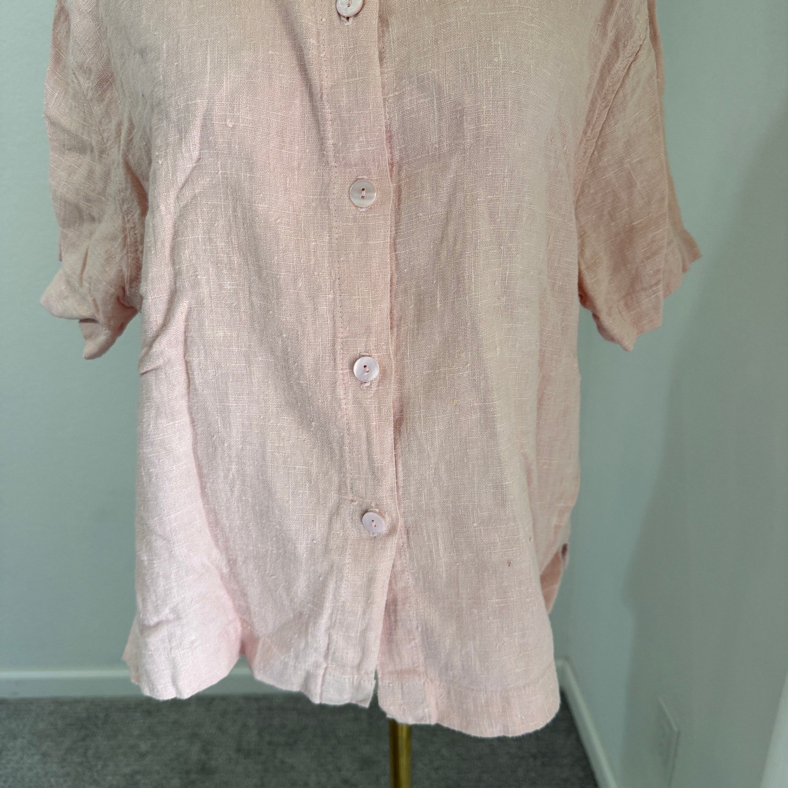 Clio Vintage 90s Linen Button Down Shirt Light Pink Short Sleeve Womens Medium