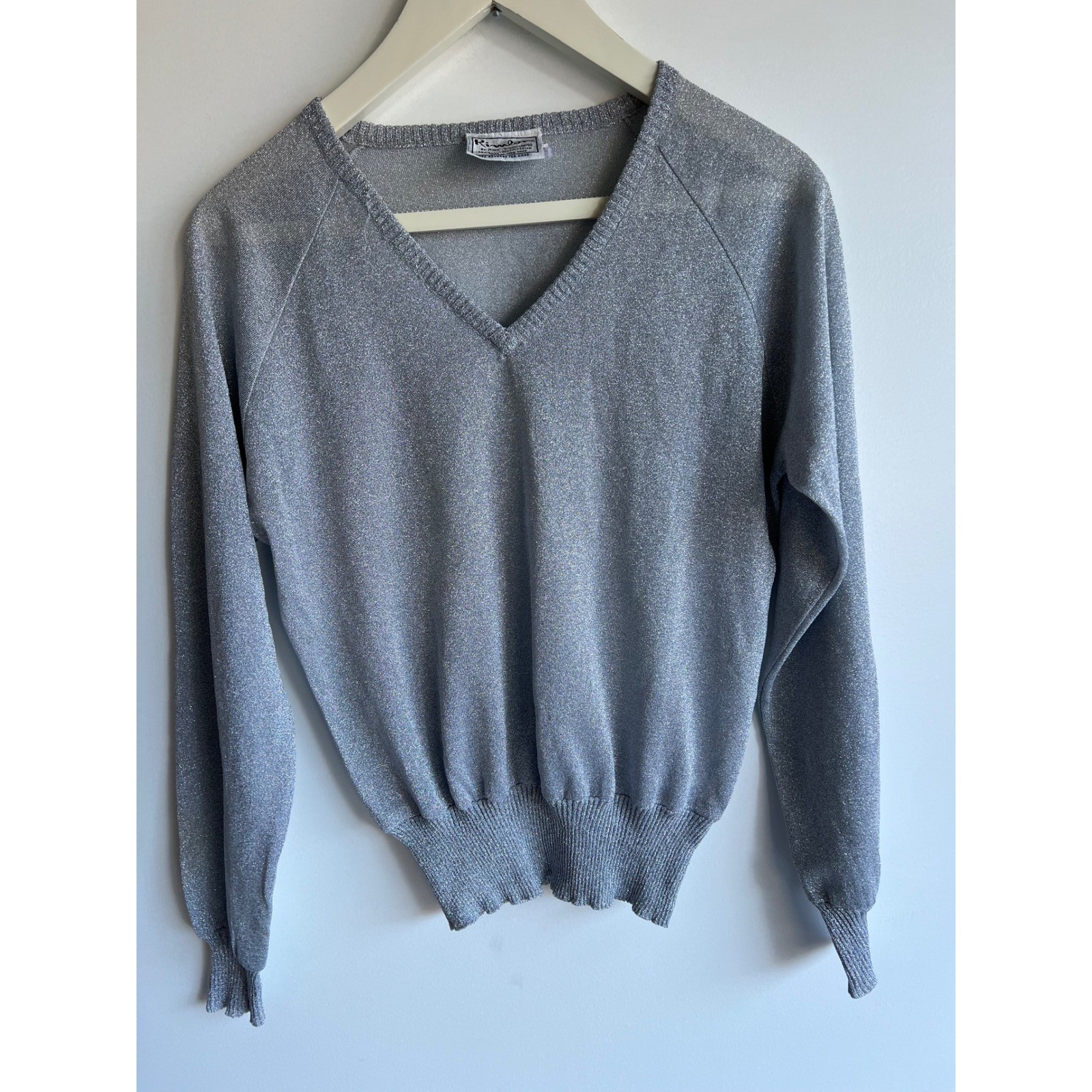 Vintage Silver Metallic Knit Top V Neck Lightweight Sparkle Blouse L Y2K Party