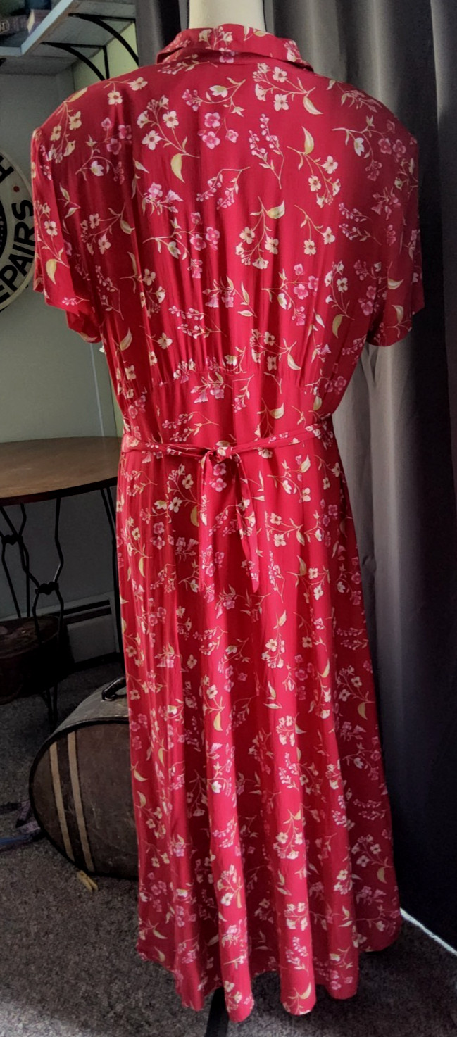 VTG RED FLORAL 1940s STYLE DAY DRESS Retro 90s Rayon. Tea Length Swingy Sz 14/16