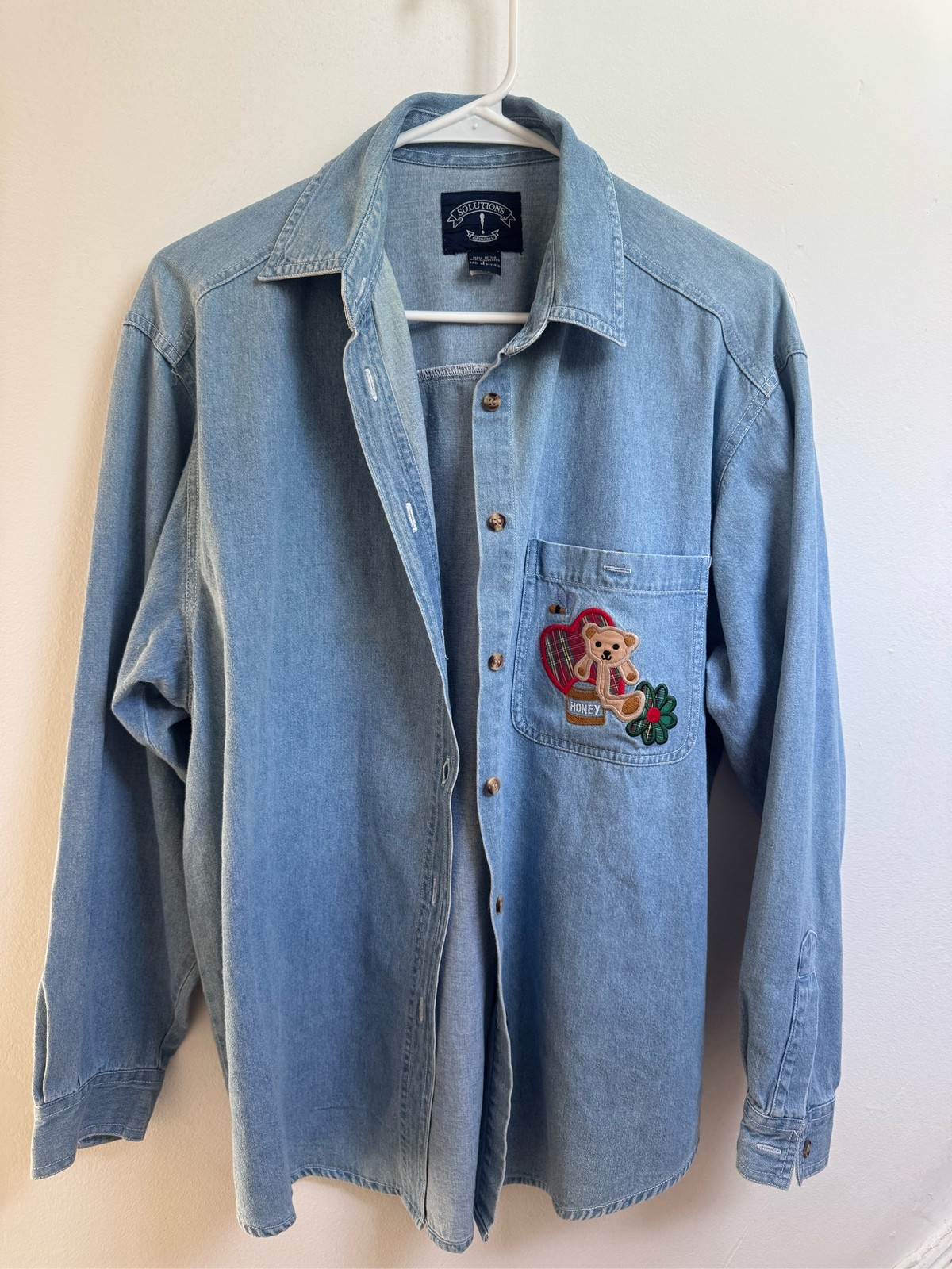 Solution Denim Shirt Teddy Bear Honey Plaid Heart Embroidered Button Up