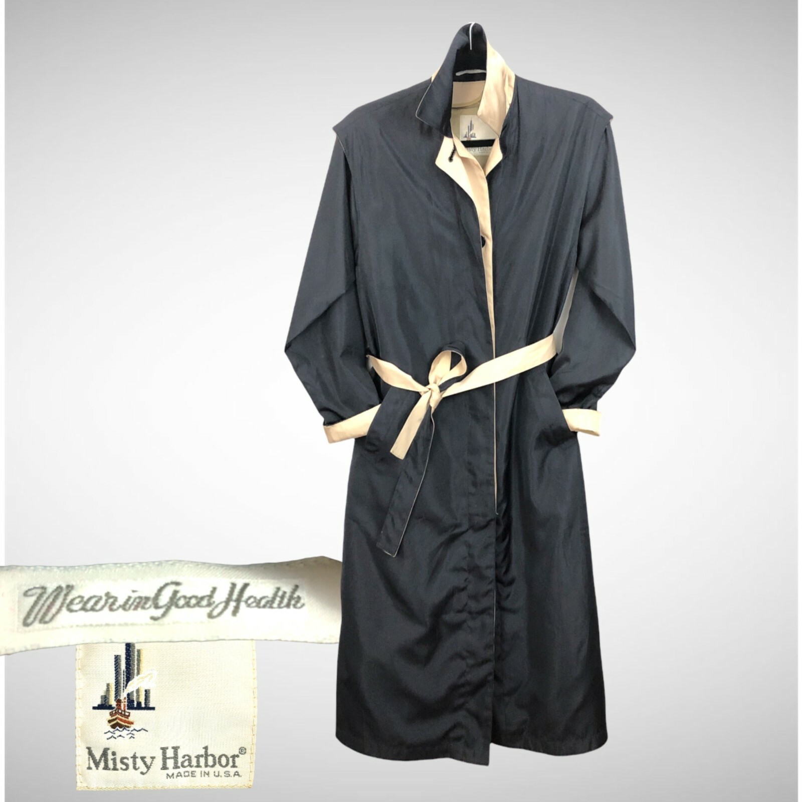 Vintage Misty Harbor Trench Sz 6 Made In USA, Khaki and Black, Double Sided Sash