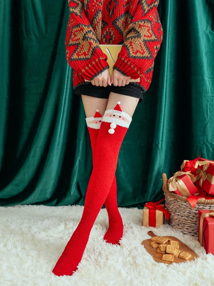 Festive Fleece Lined Thigh High Socks for Women, Christmas Winter Crew Sock