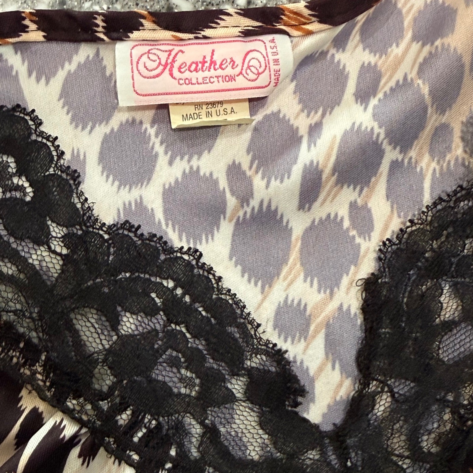 Heather Collection Vintage Leopard Print Lace Trim Maxi Slip Dress L Made in USA