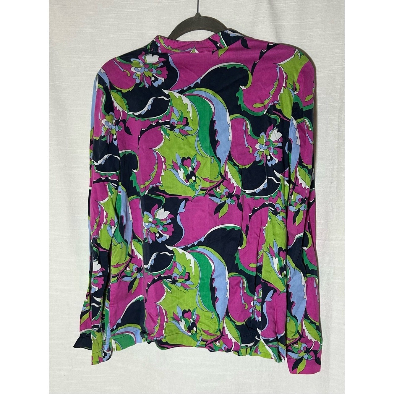 Talbots Retro Pucci Inspired Pink, Green & Navy Paisley-Print Long Sleeve Blouse