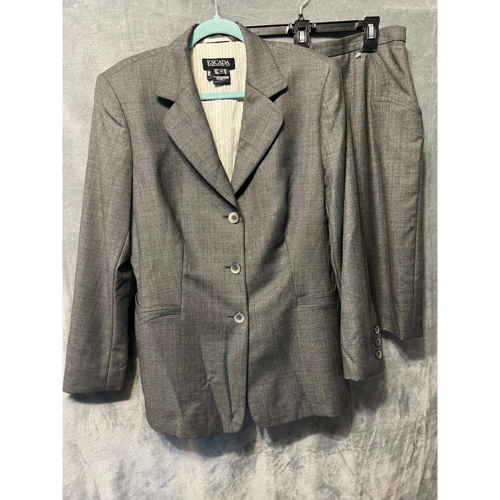 Escada Margaretha Ley Gray Wool Skirt Suit 42 Career Blazer Set Vintage Mint