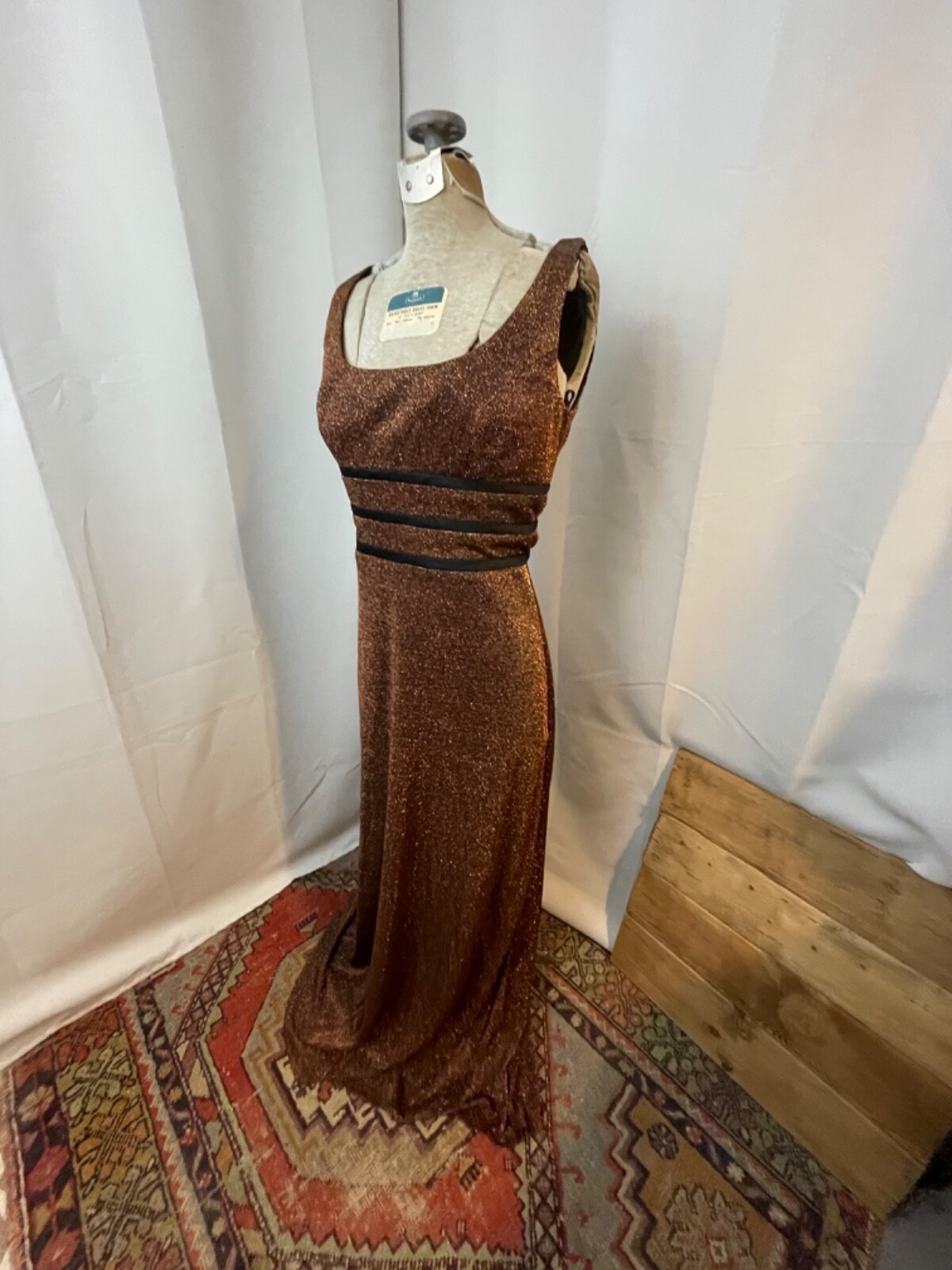 1990s Maxi Dress Metallic Copper Orange Lurex Black Formal XS S