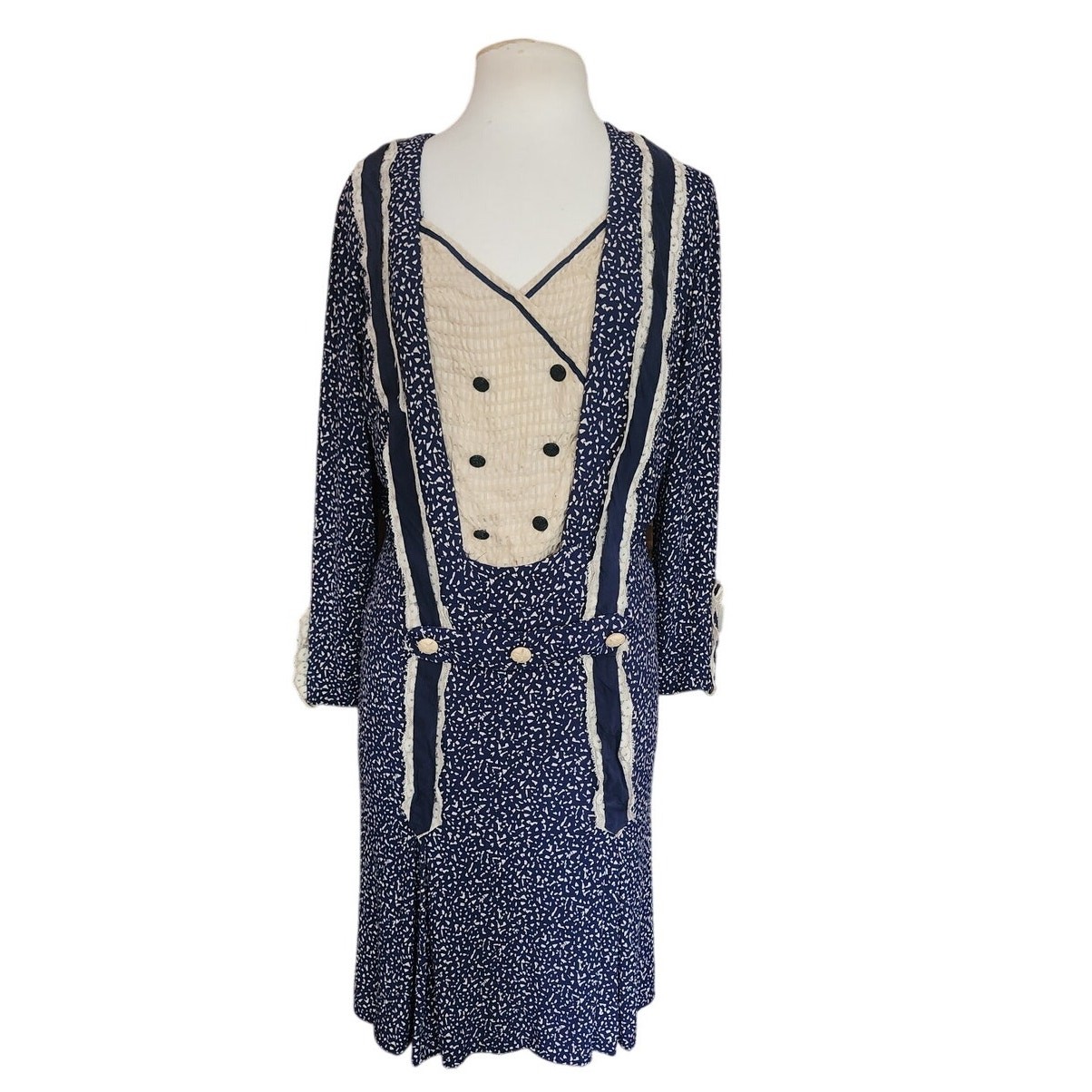 Vintage 20s Silkprint Day Dress Navy Blue White Cream Long Sleeves / S