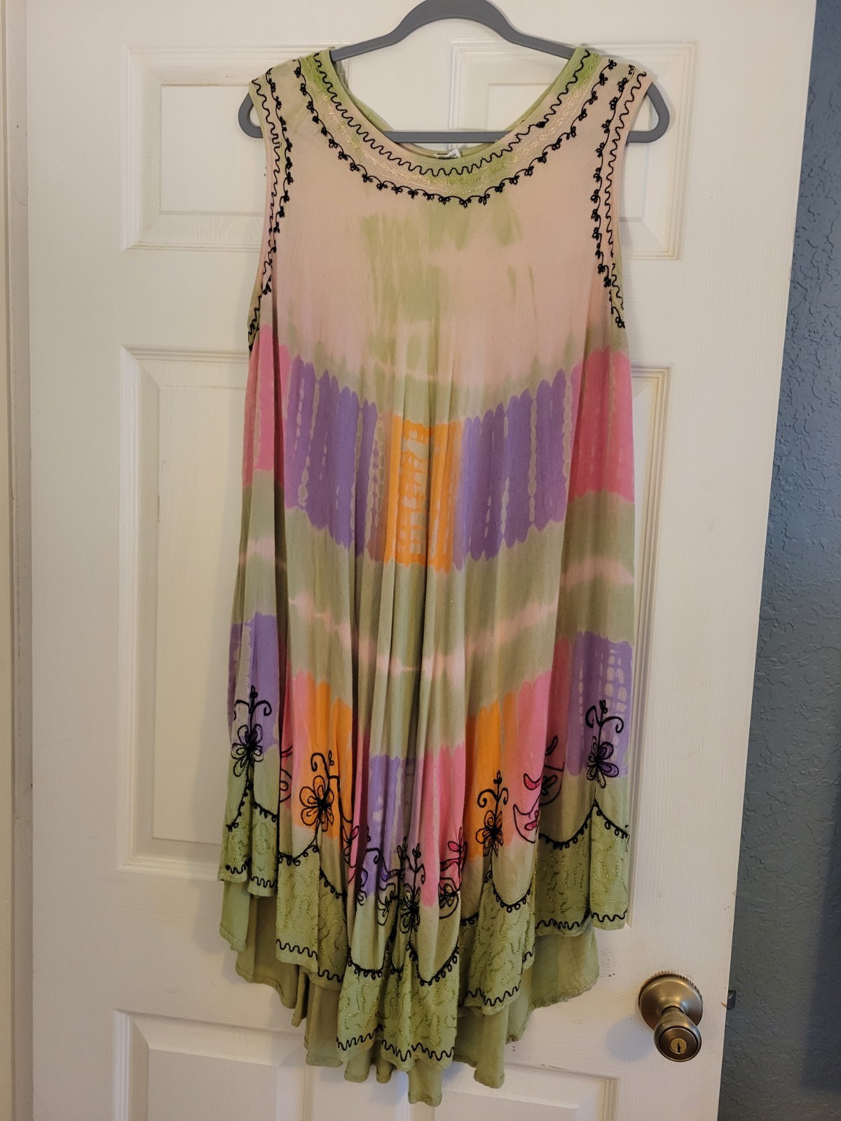 Multicolor Tie-Dye Embroidered Sundress – Green, Pink, Purple, Orange Free Size