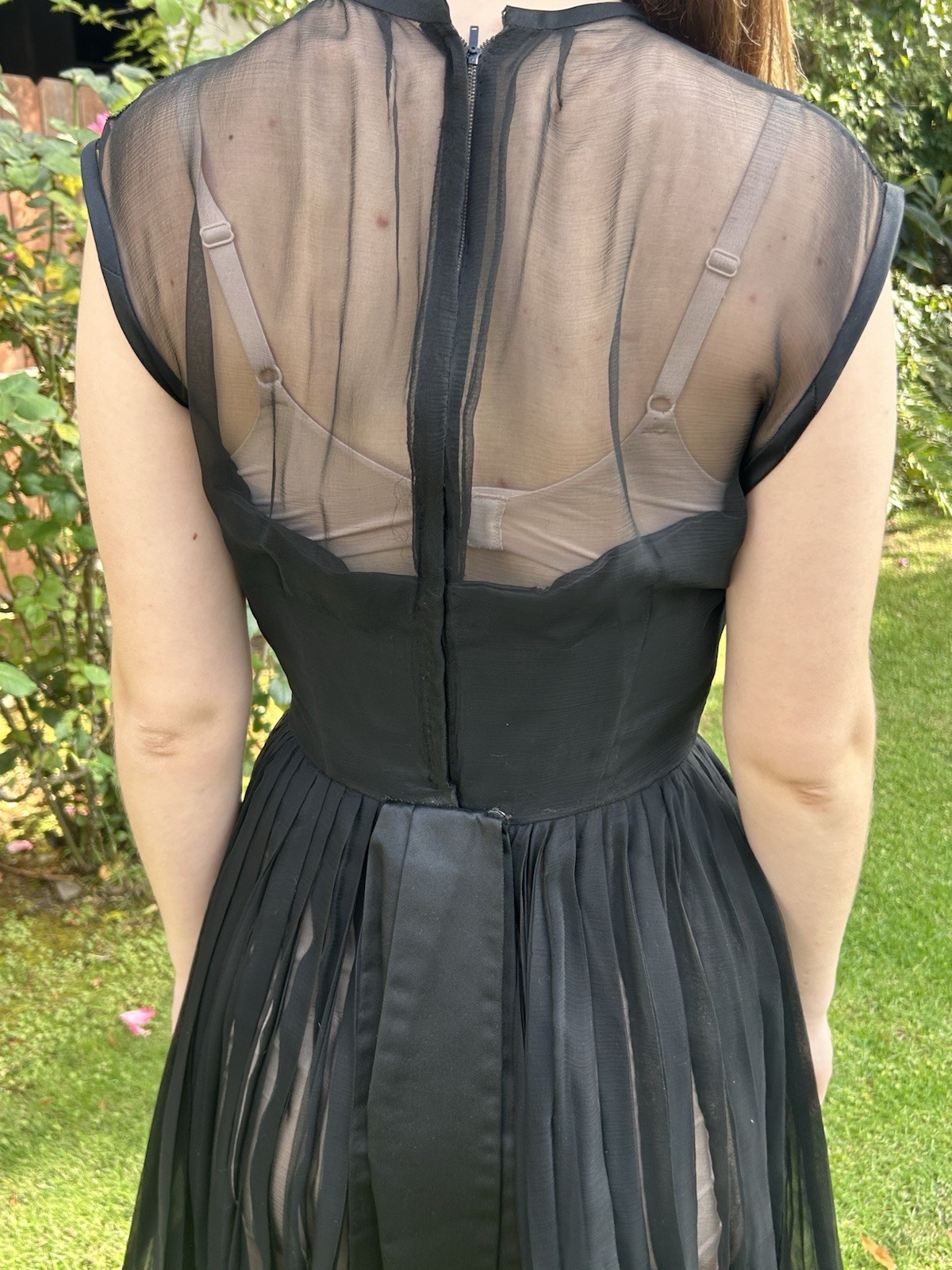 Vintage 50s M Silk Chiffon Sheer Pleated Evening Dress Sexy Full Circle