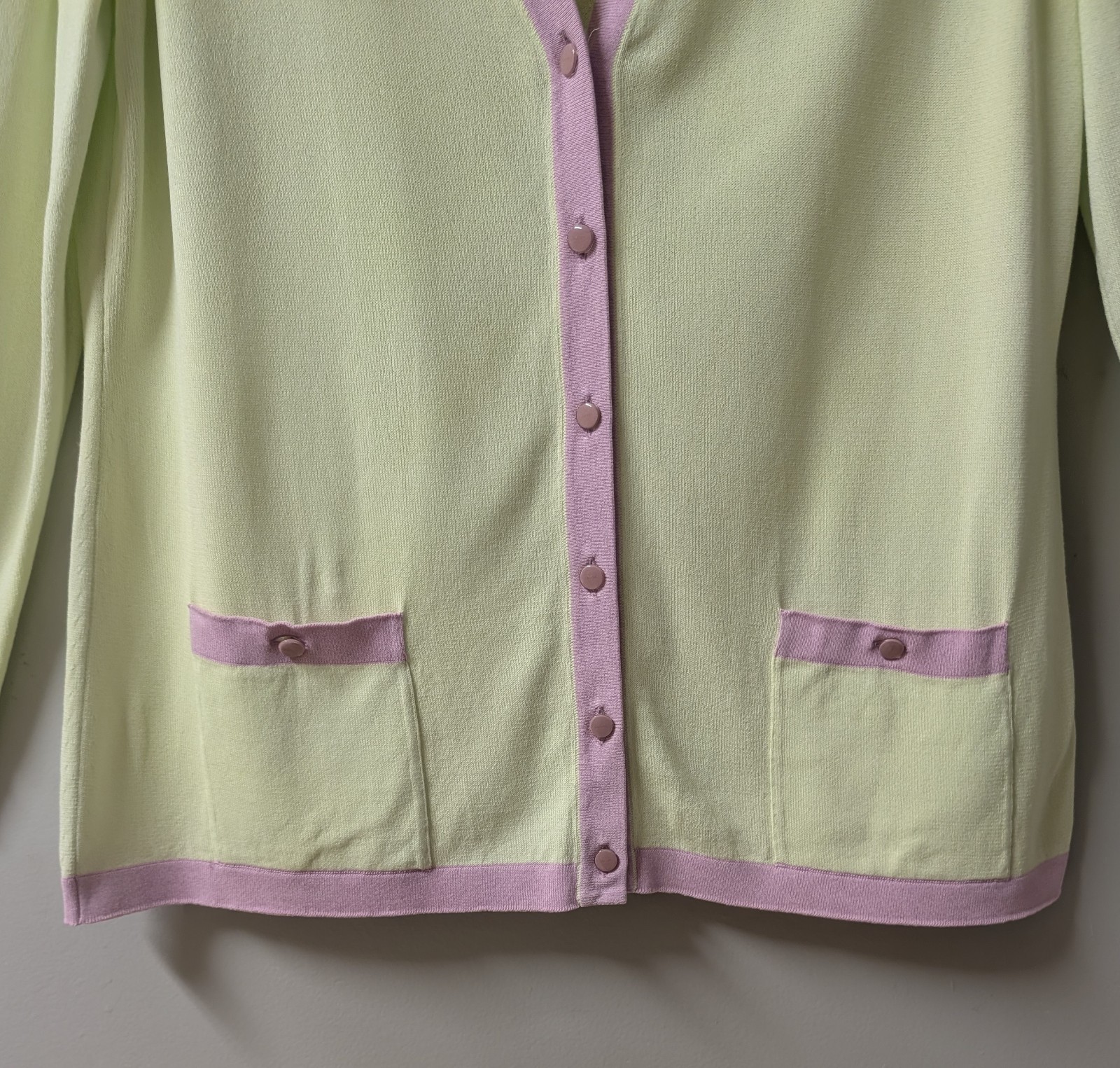 Escada Vintage V-Neck Cardigan Sweater Chartreuse Yellow Lilac Pink Germany 46