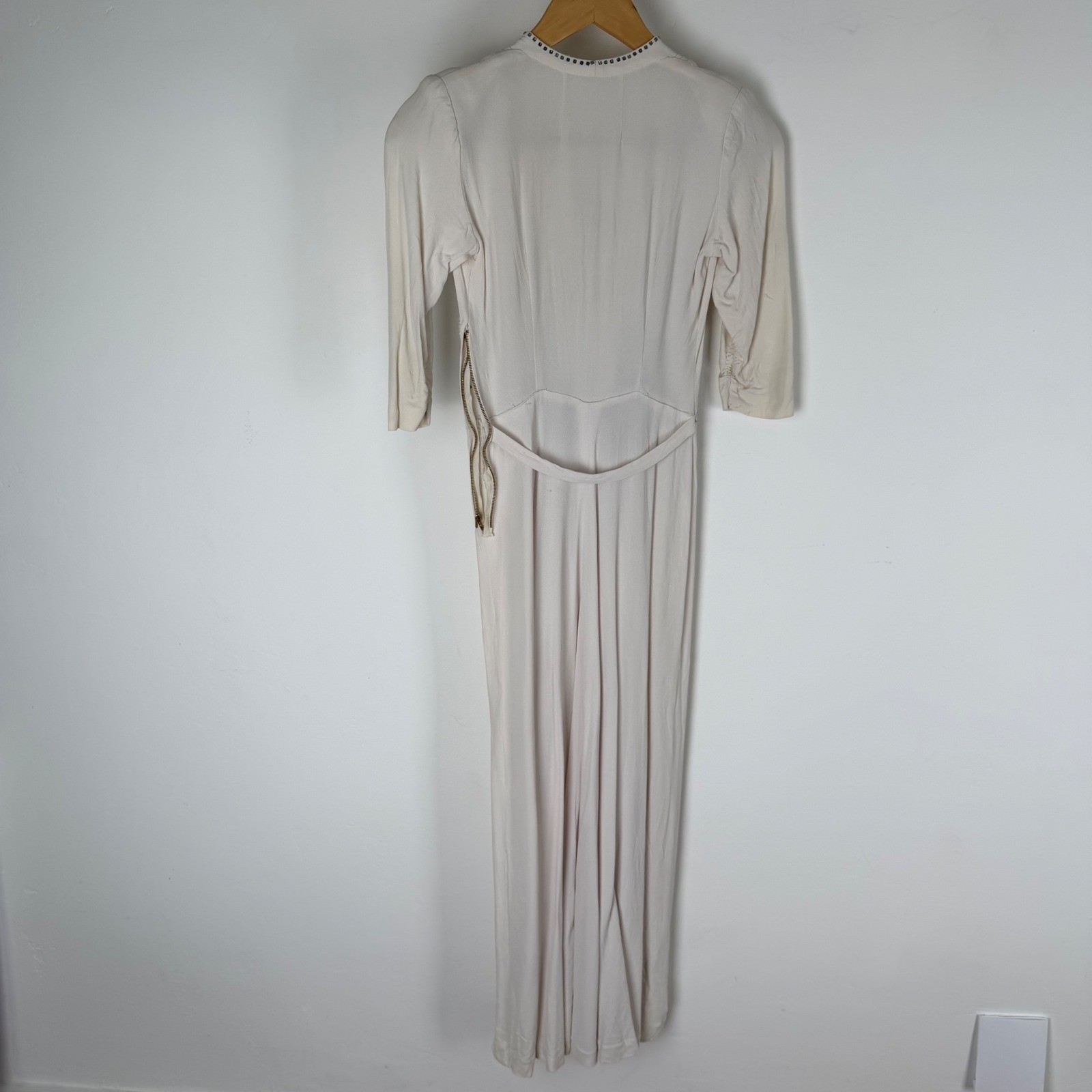 1940s Cream Rayon Crepe Gown Rhinestone Sunburst Side Zipper Evening Dress FLAWS