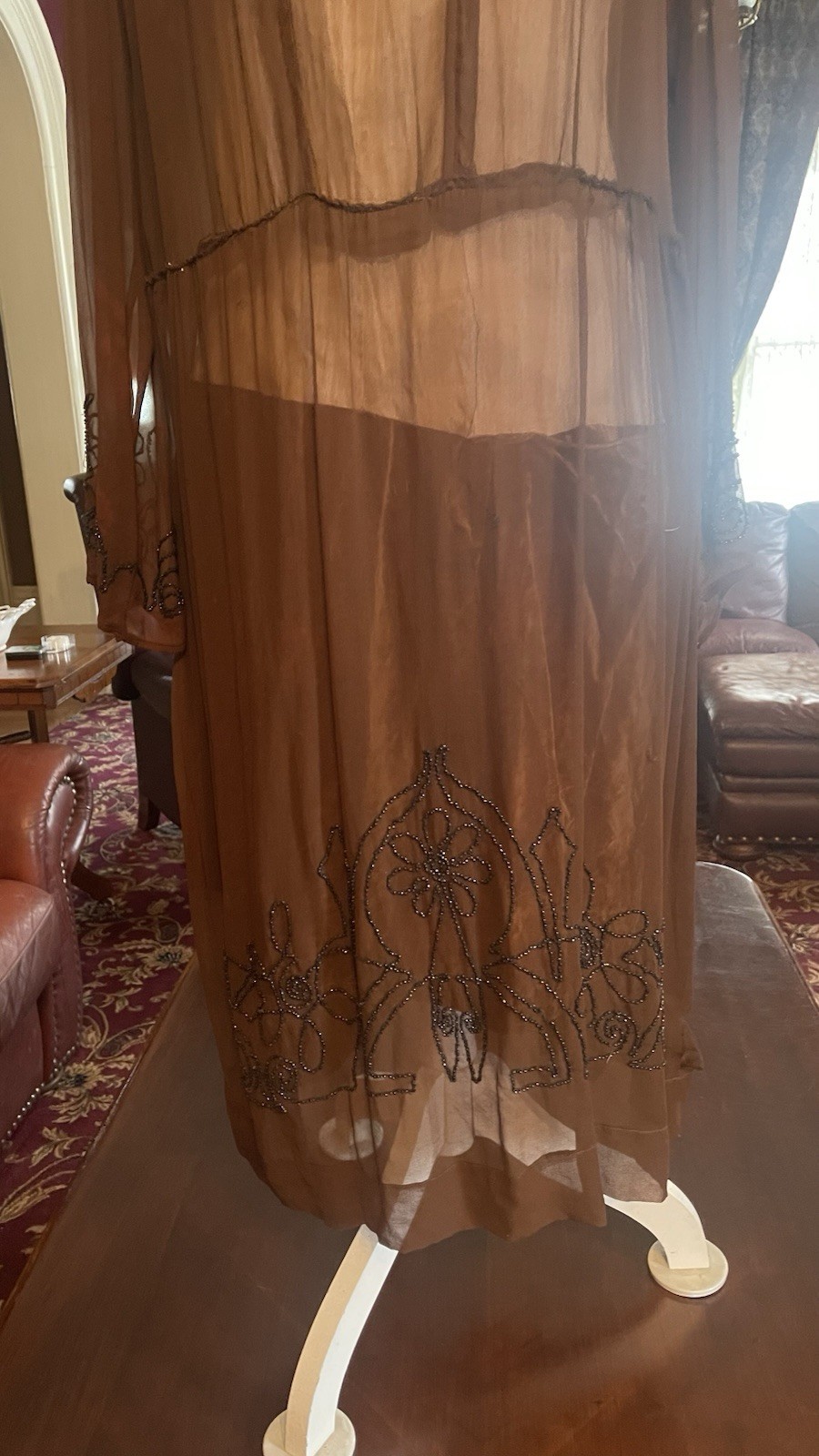 Antique 1920s Brown Chiffon Crepe Flapper Dress Art Deco Black Beading