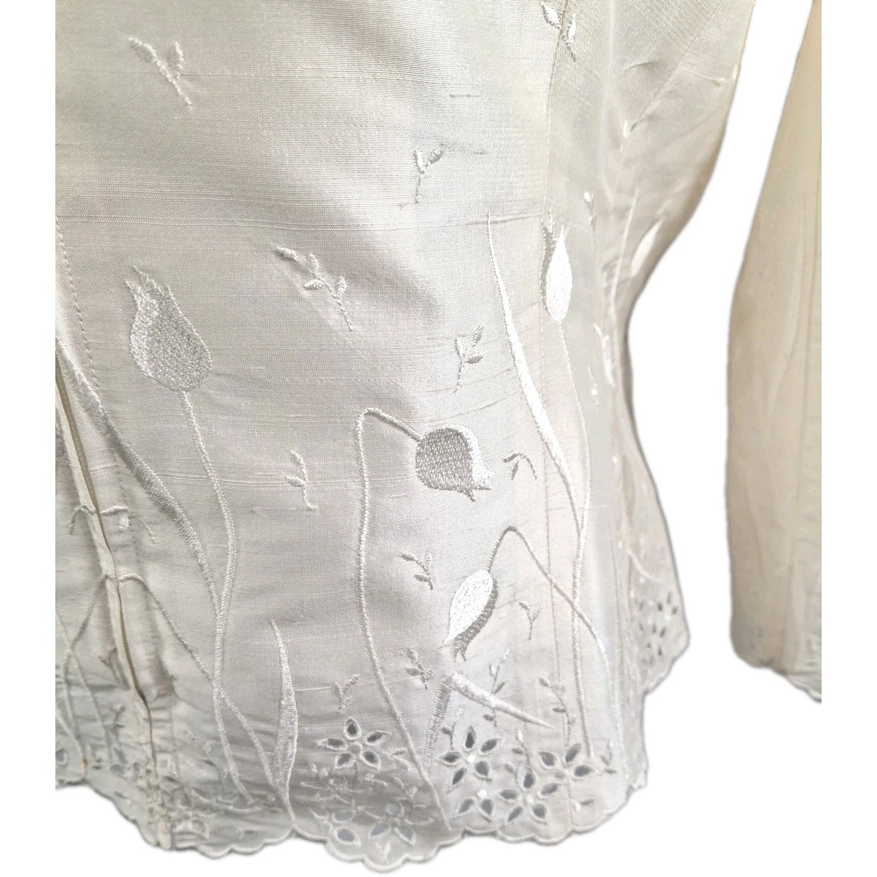 VTG Cachet Ivory 100% Silk Embroidered Evening Jacket Sz 12 Zip Front 3/4 Sleeve
