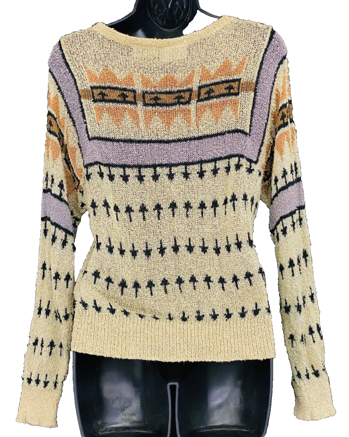 Vintage 1970s French Rags patterned sweater, ivory purple orange arrows knit top
