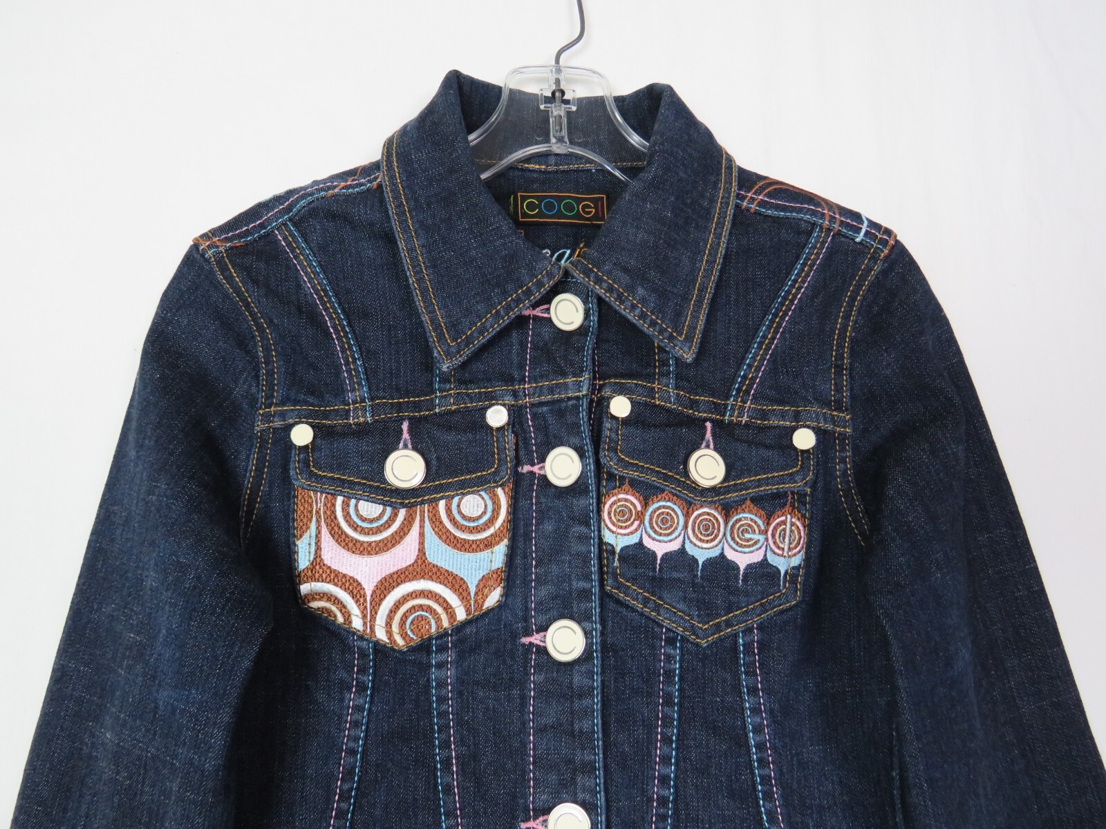 COOGI VTG 1990s 2000s BLUE STRETCH DENIM JEAN CROP JACKET EMBROIDERY ENAMEL